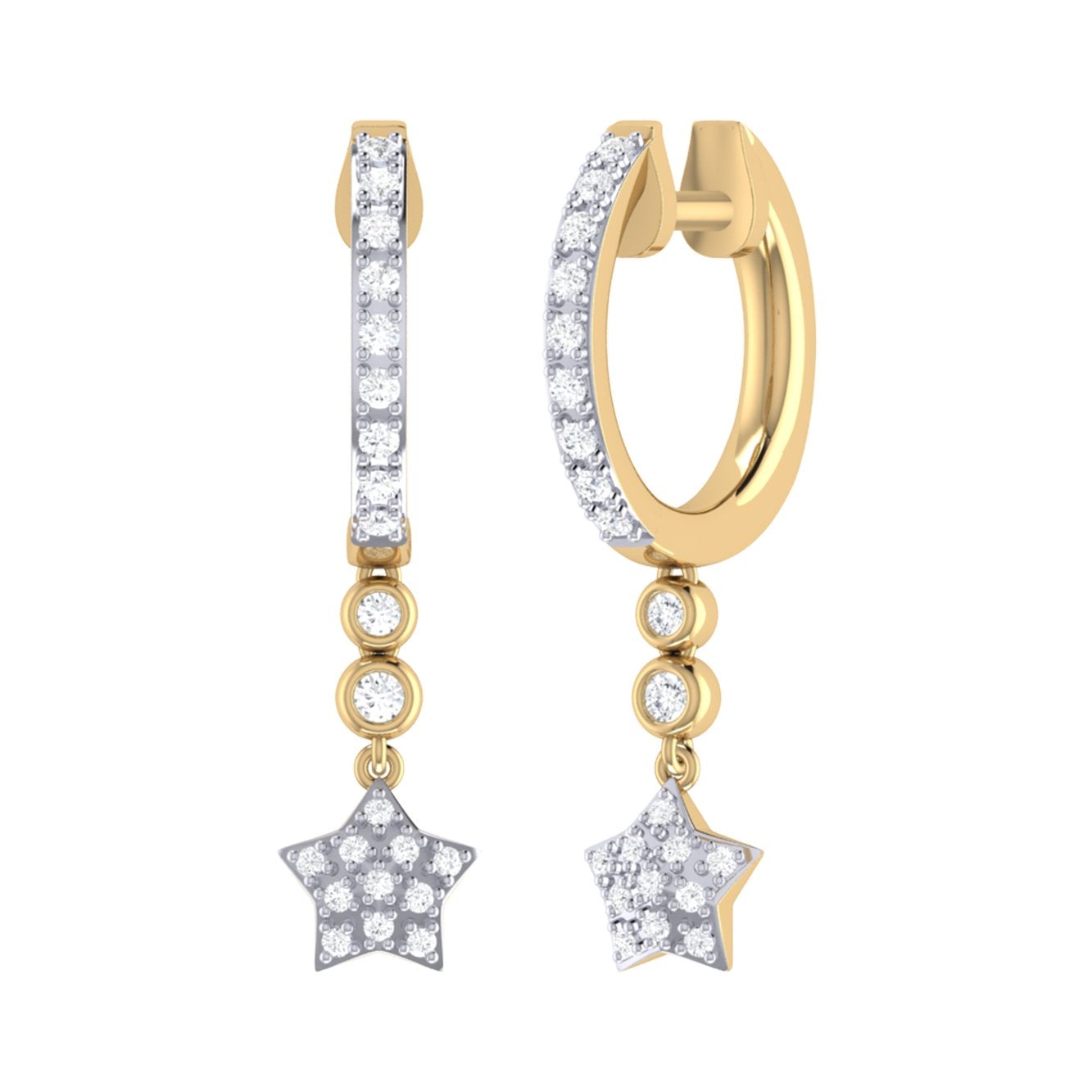 Star Bezel Duo Diamond Hoop Earrings in 14K Yellow Gold Vermeil featuring genuine diamonds and a unique star bezel design.