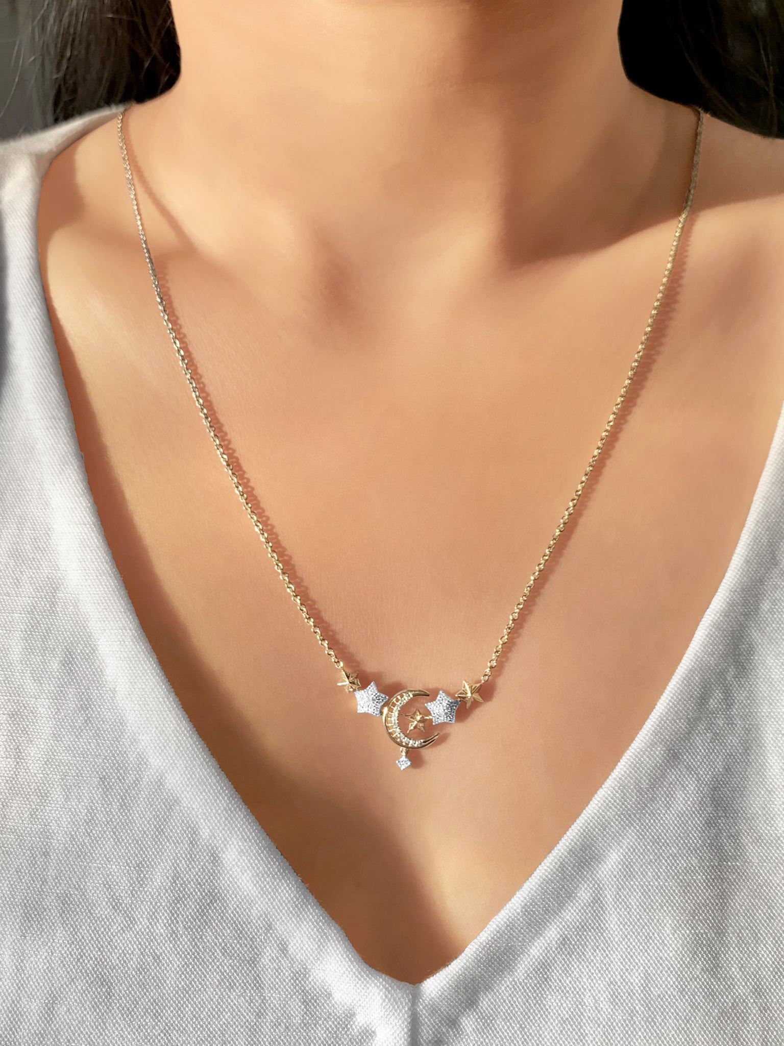 Star Cluster Moon Crescent Diamond Necklace in 14K Yellow Gold Vermeil featuring genuine diamonds and a crescent moon design.