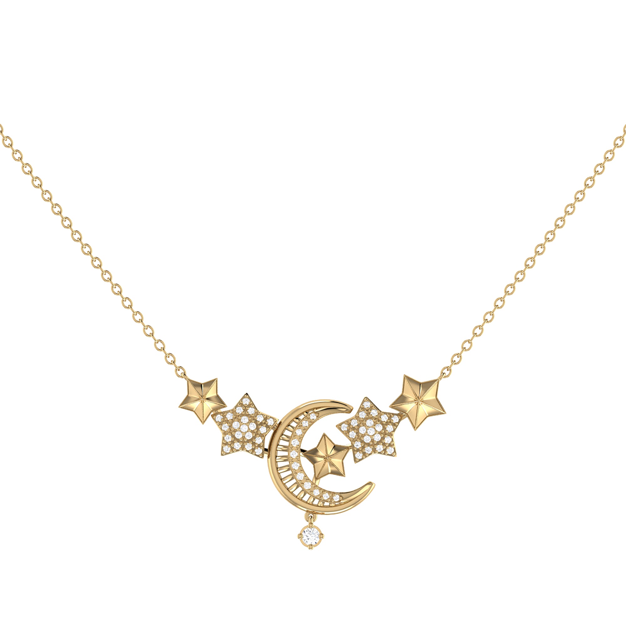 Star Cluster Moon Crescent Diamond Necklace in 14K Yellow Gold Vermeil featuring genuine diamonds and a crescent moon design.