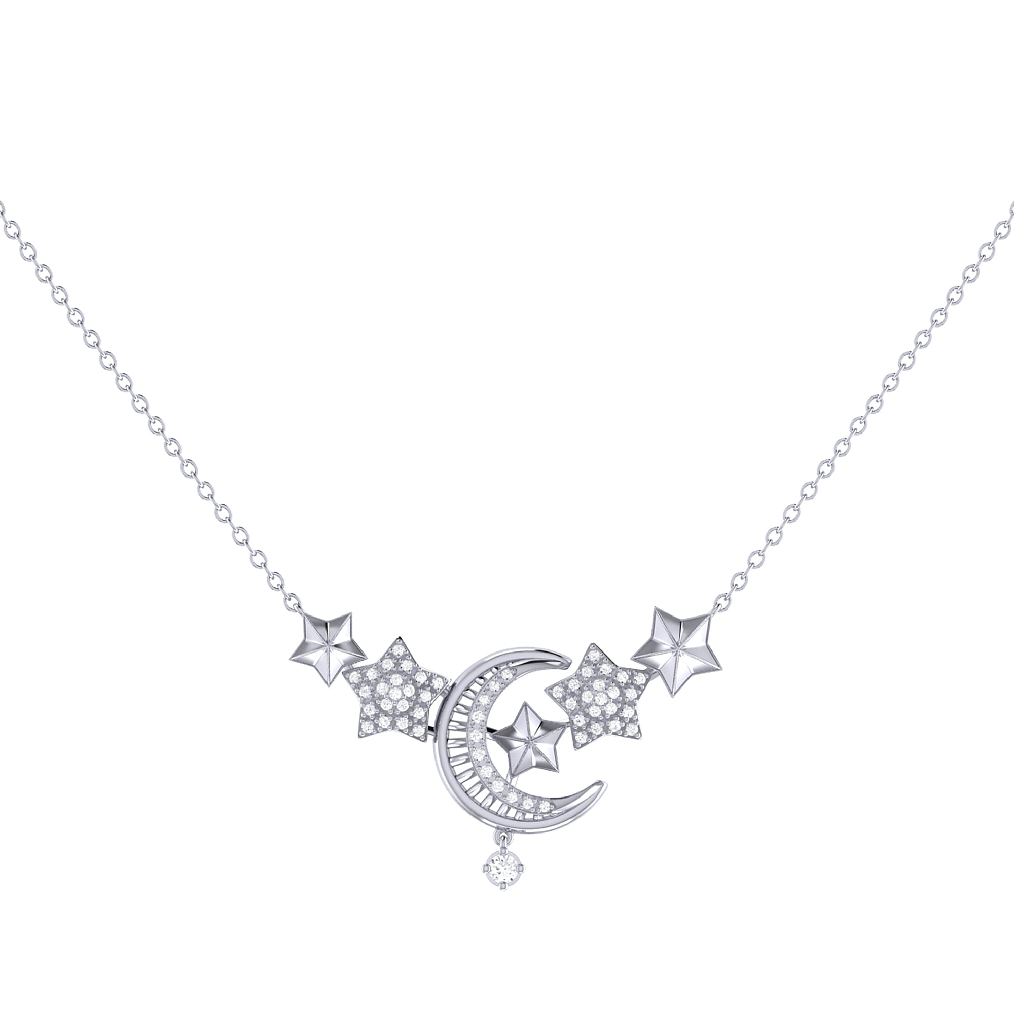 Star Cluster Moon Crescent Diamond Necklace in Sterling Silver featuring genuine diamonds and a unique crescent design.