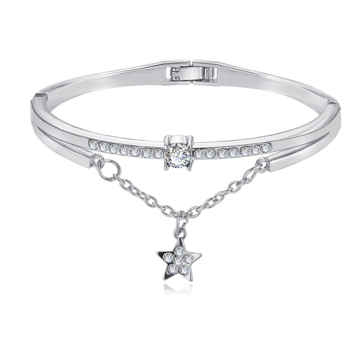 Elegant Star Drop Bracelet featuring Austrian Crystals, crafted in 18K white gold plating, showcasing a stunning design.