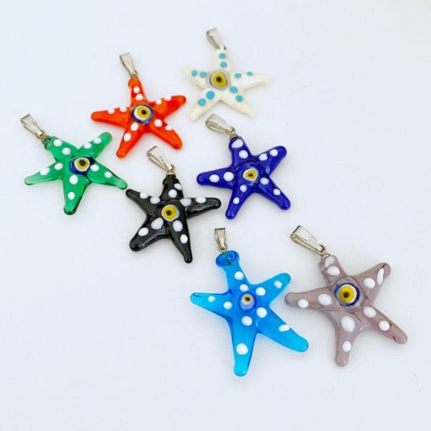 Star Evil Eye Pendant made of Murano glass featuring a unique star shape and vibrant colors, symbolizing protection and style.