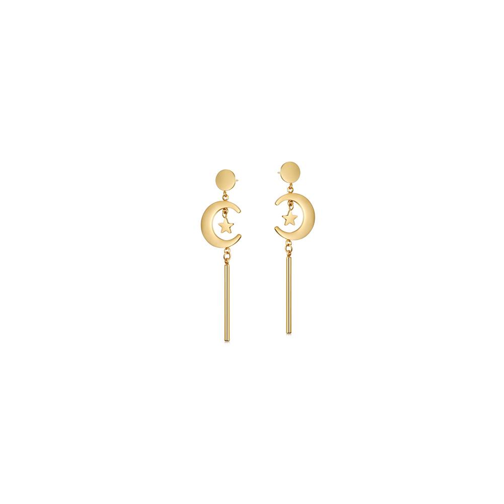 Elegant Star & Moon Long Drop Earrings made of stainless steel with gold plating, showcasing a celestial design.