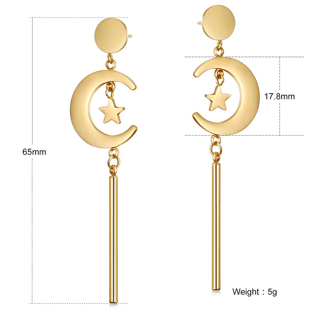 Elegant Star & Moon Long Drop Earrings made of stainless steel with gold plating, showcasing a celestial design.