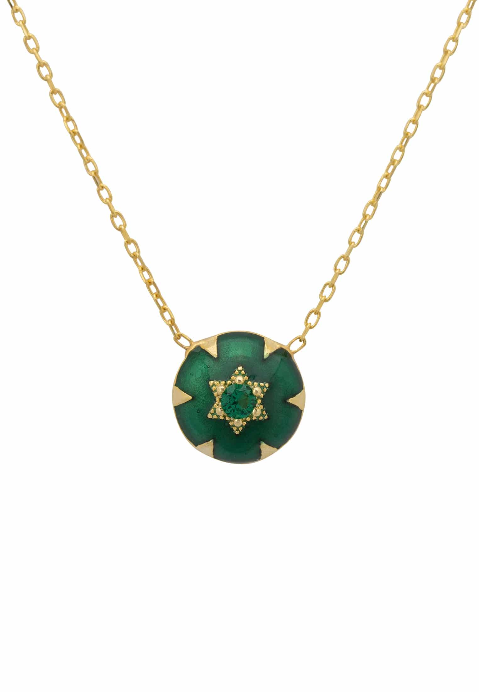Elegant Star of David necklace featuring green enamel and gold, with emerald zircon centerpiece.