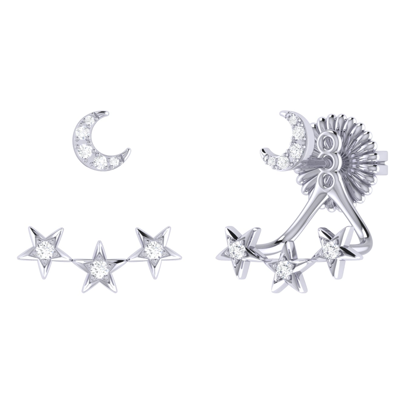 Star Trio Crescent Diamond Stud Earrings in Sterling Silver featuring three crescent shapes adorned with genuine diamonds.