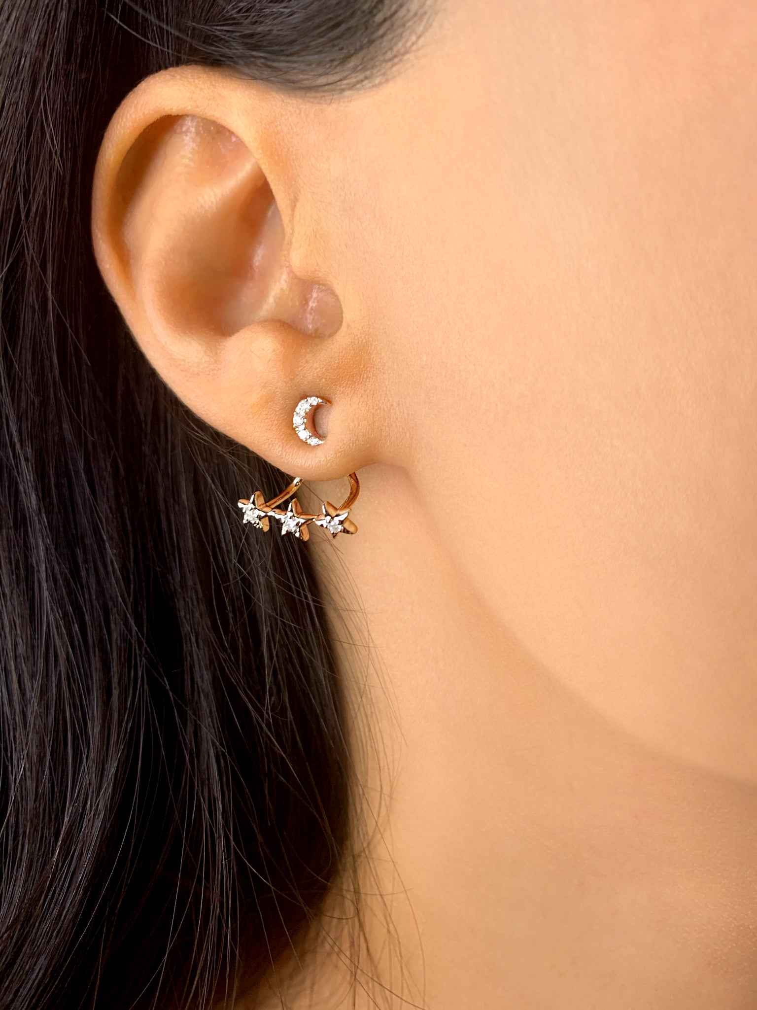 Star Trio Crescent Diamond Stud Earrings in Sterling Silver featuring three crescent shapes adorned with genuine diamonds.