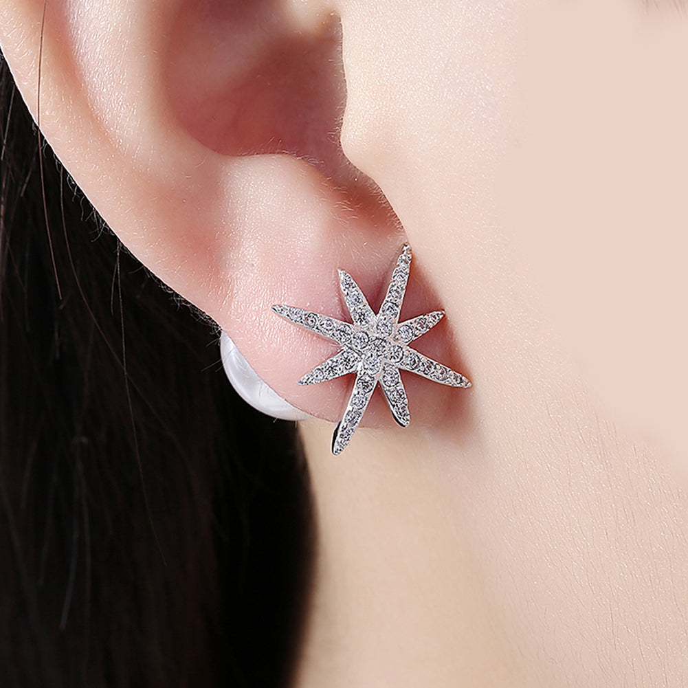 Starburst Freshwater Pearl Double Stud Earring in 18K White Gold Plate, featuring elegant pearls and a luxurious finish.