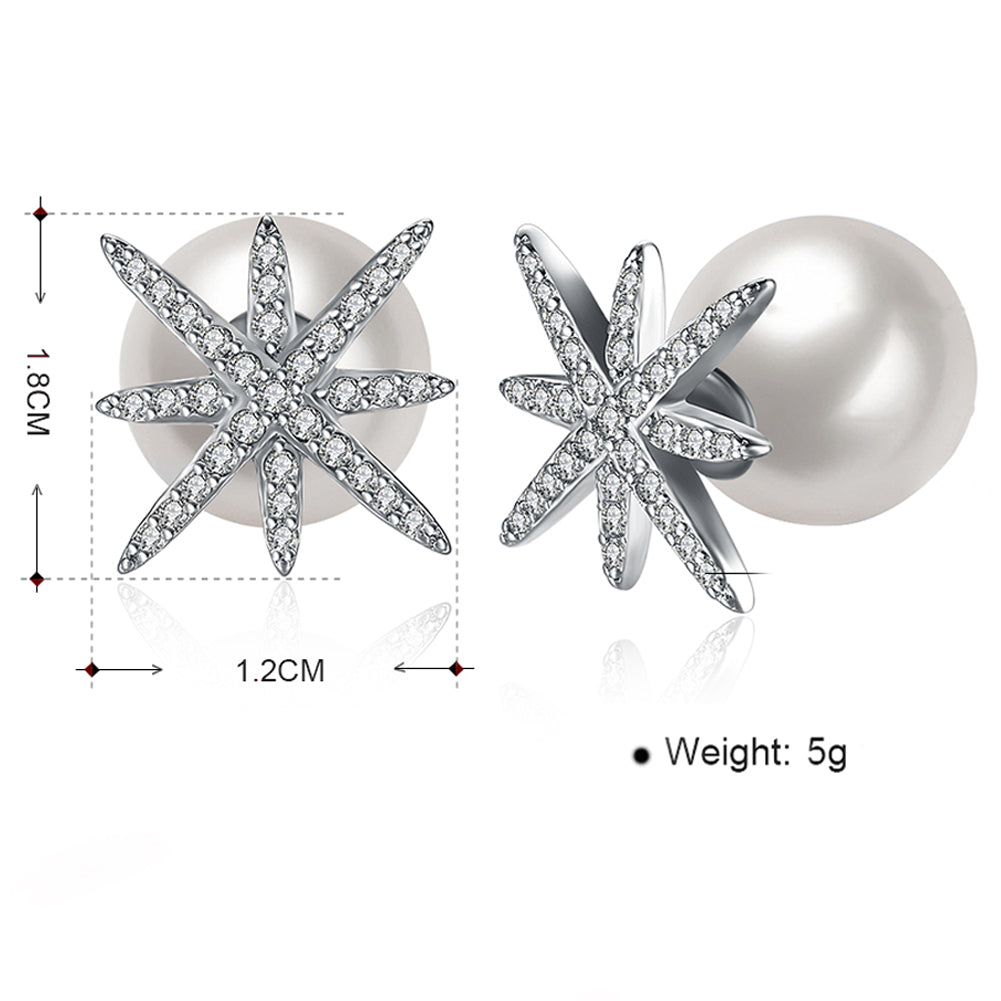 Starburst Freshwater Pearl Double Stud Earring in 18K White Gold Plate, featuring elegant pearls and a luxurious finish.