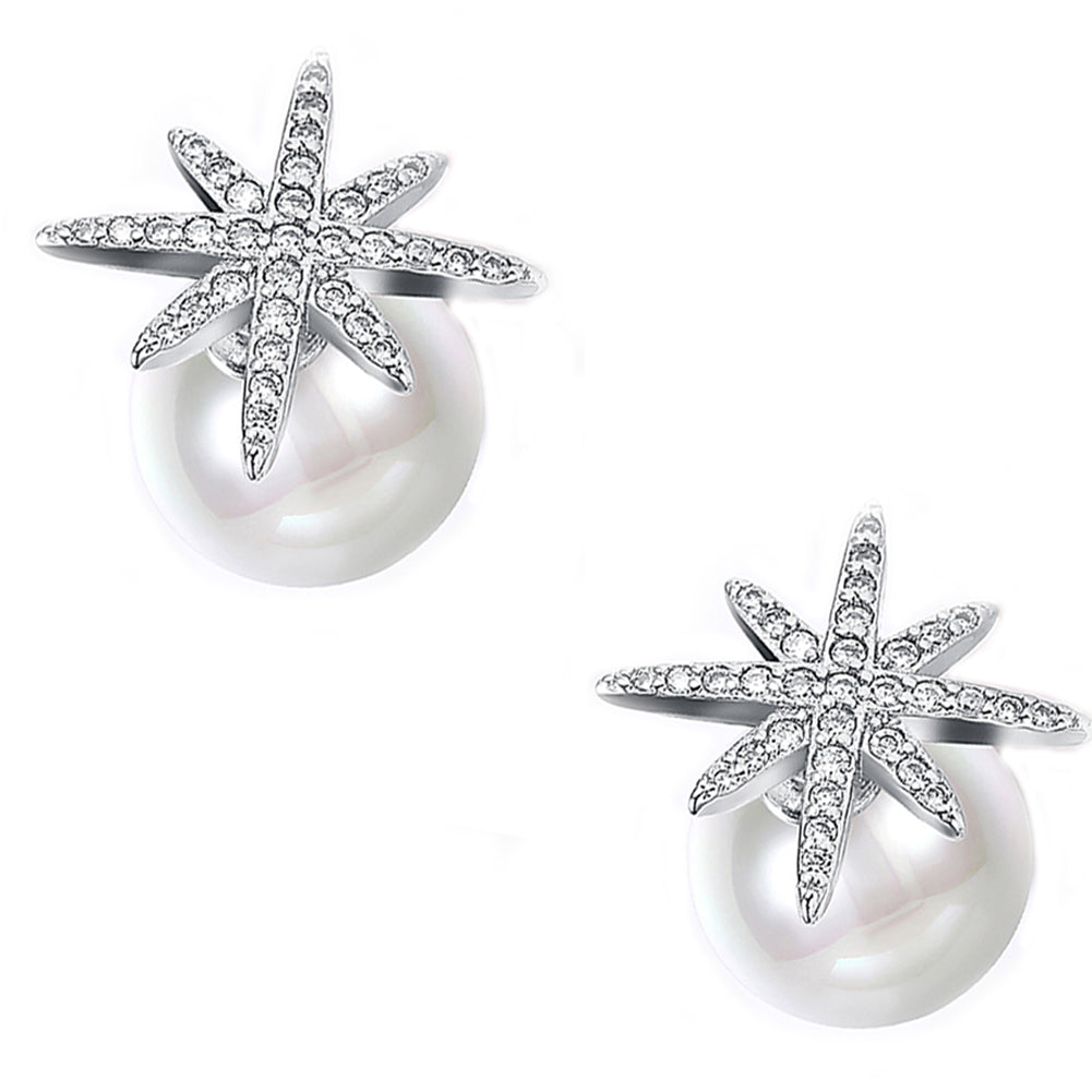 Starburst Freshwater Pearl Double Stud Earring in 18K White Gold Plate, featuring elegant pearls and a luxurious finish.