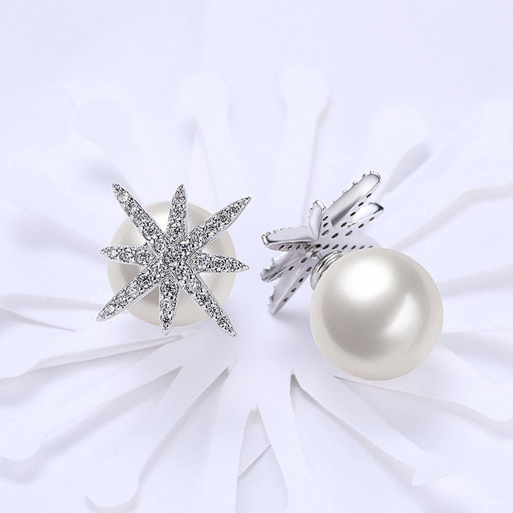 Starburst Freshwater Pearl Double Stud Earring in 18K White Gold Plate, featuring elegant pearls and a luxurious finish.