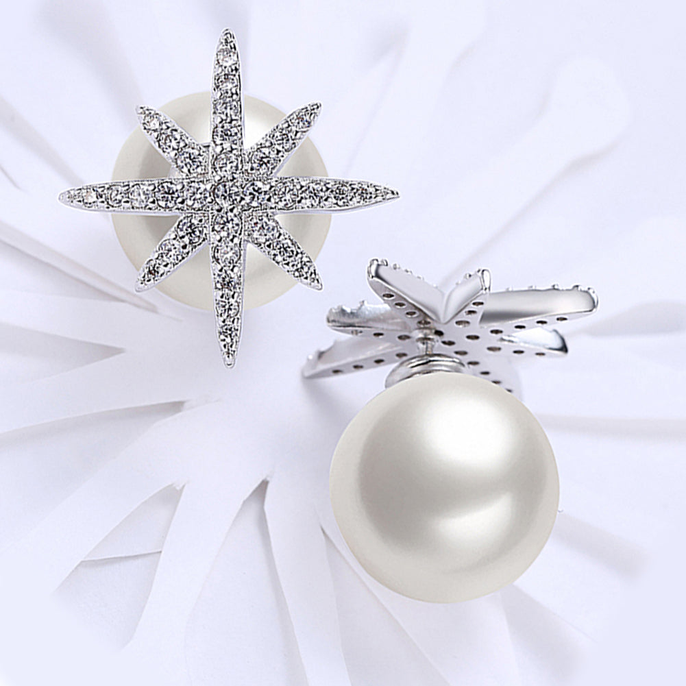 Starburst Freshwater Pearl Double Stud Earring in 18K White Gold Plate, featuring elegant pearls and a luxurious finish.