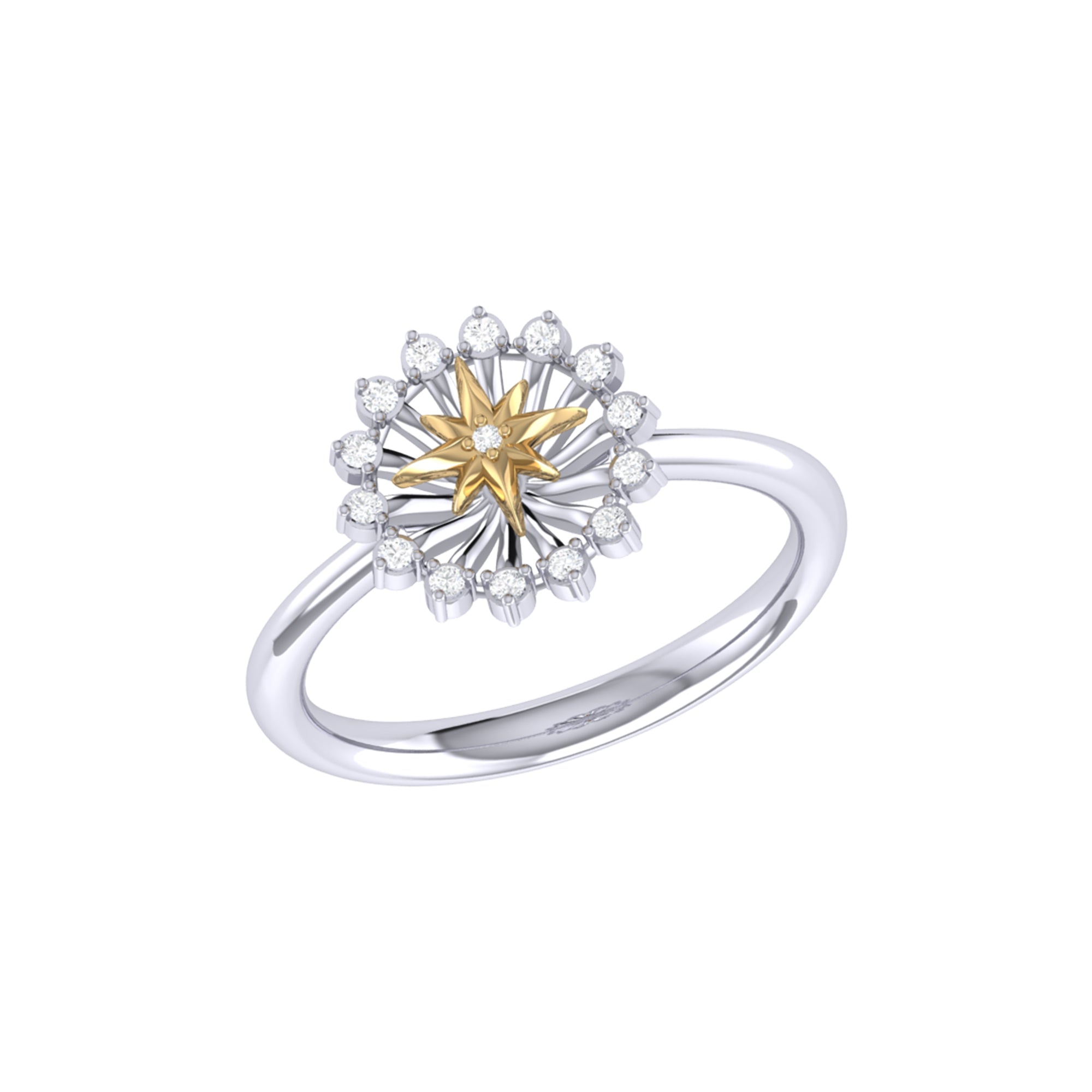 Starburst Two-Tone Diamond Ring featuring genuine diamonds set in 14K Yellow Gold Vermeil on Sterling Silver, showcasing its elegant design.