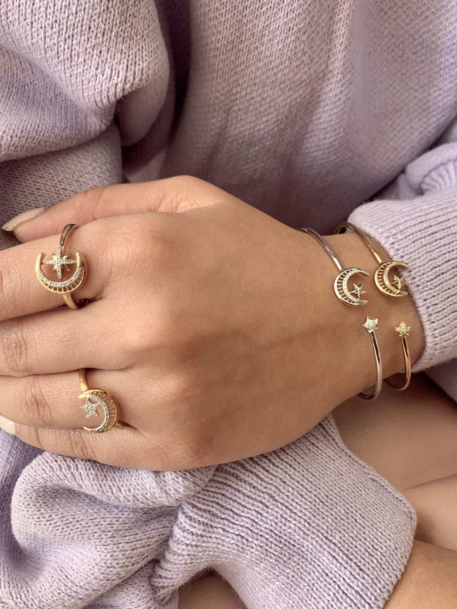 Starkissed Crescent Adjustable Diamond Cuff in Sterling Silver with genuine diamonds, showcasing its elegant design and adjustable feature.