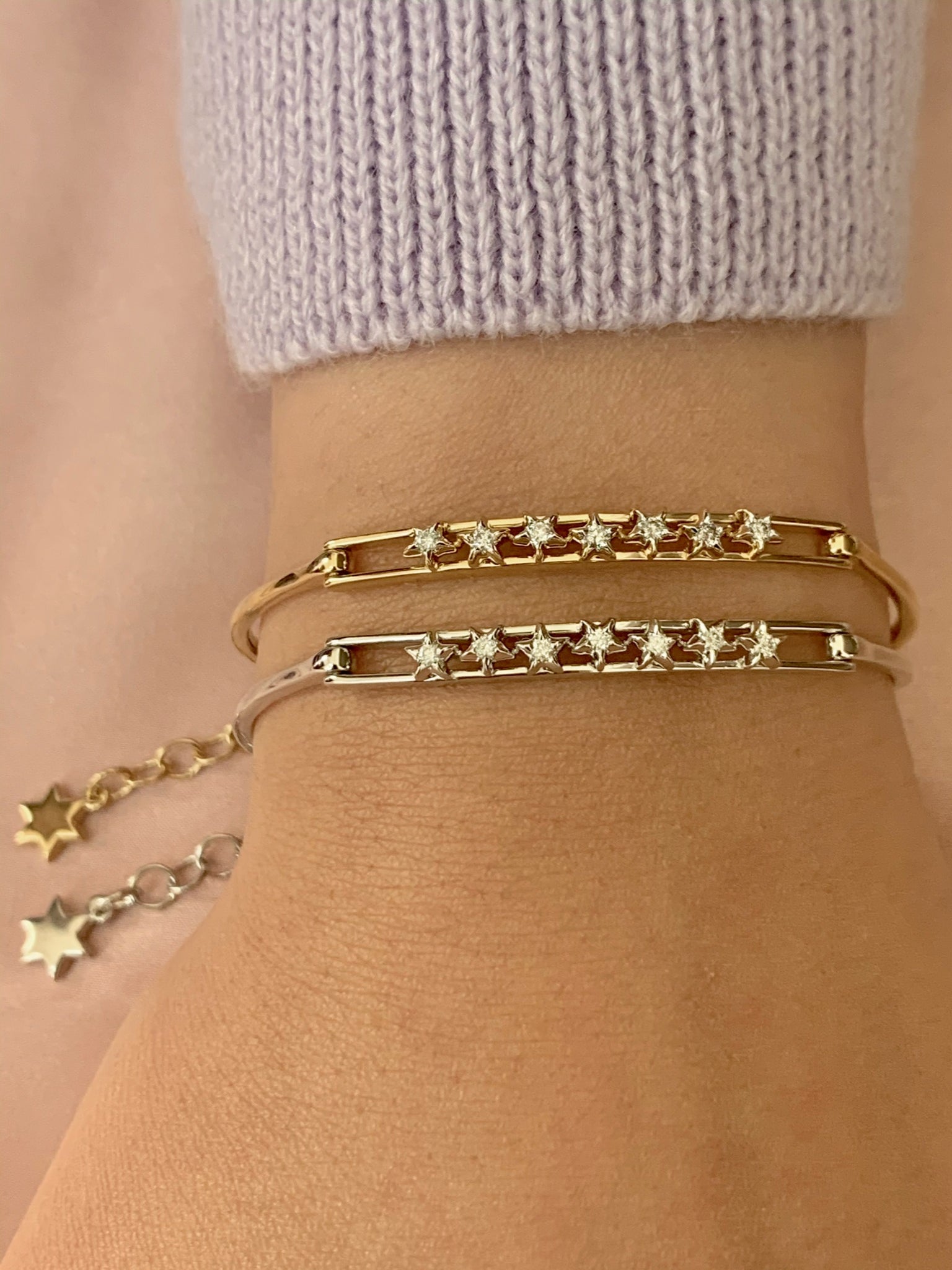 Starry Lane Diamond Bangle in Sterling Silver featuring genuine diamonds in a channel setting, adjustable chain element, and elegant design.