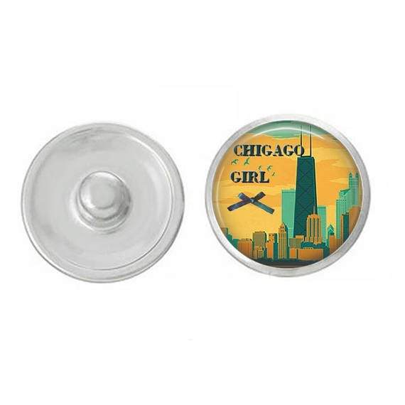 Chicago Girl Snap jewelry accessory, hand-pressed 7/8” round snap in vibrant colors, designed for customization with various jewelry bases.