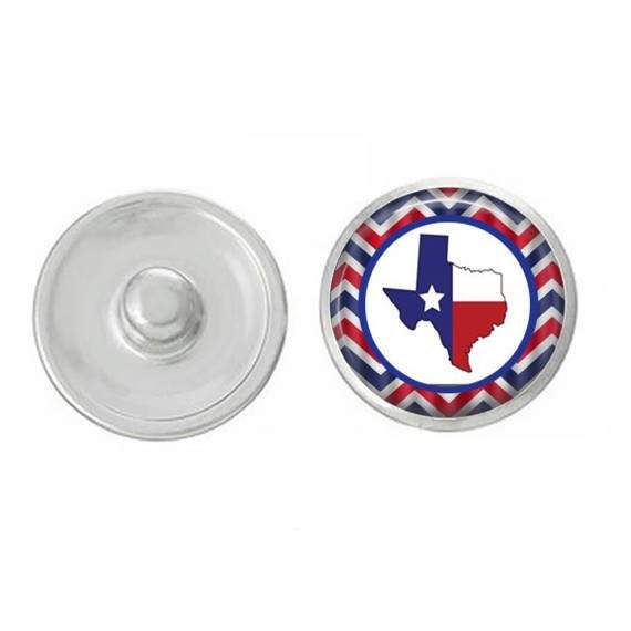 Texas-themed snap jewelry featuring vibrant designs, compatible with various snap bases, showcasing high-quality craftsmanship.