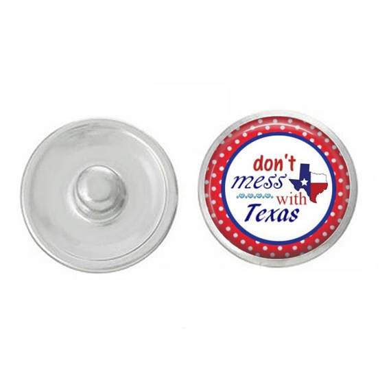 Texas-themed snap jewelry featuring vibrant designs, compatible with various snap bases, showcasing high-quality craftsmanship.