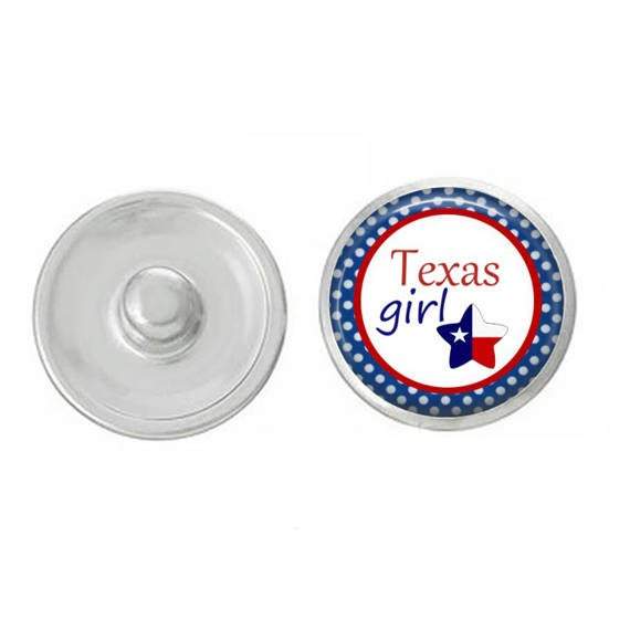 Texas-themed snap jewelry featuring vibrant designs, compatible with various snap bases, showcasing high-quality craftsmanship.