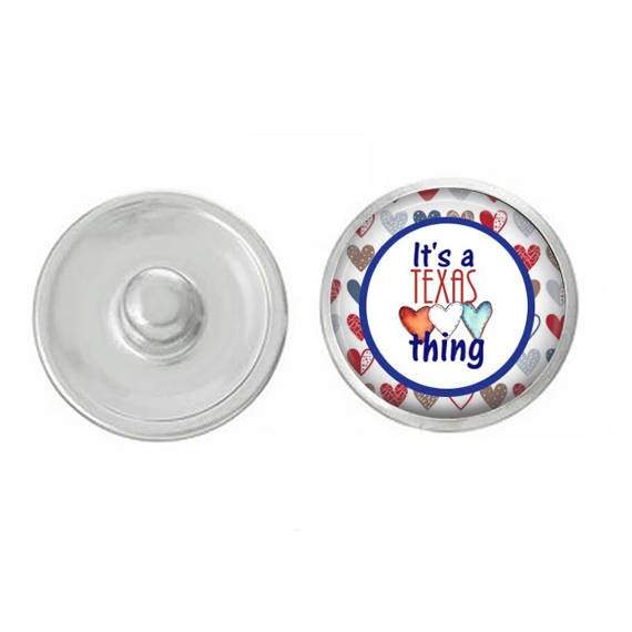 Texas-themed snap jewelry featuring vibrant designs, compatible with various snap bases, showcasing high-quality craftsmanship.
