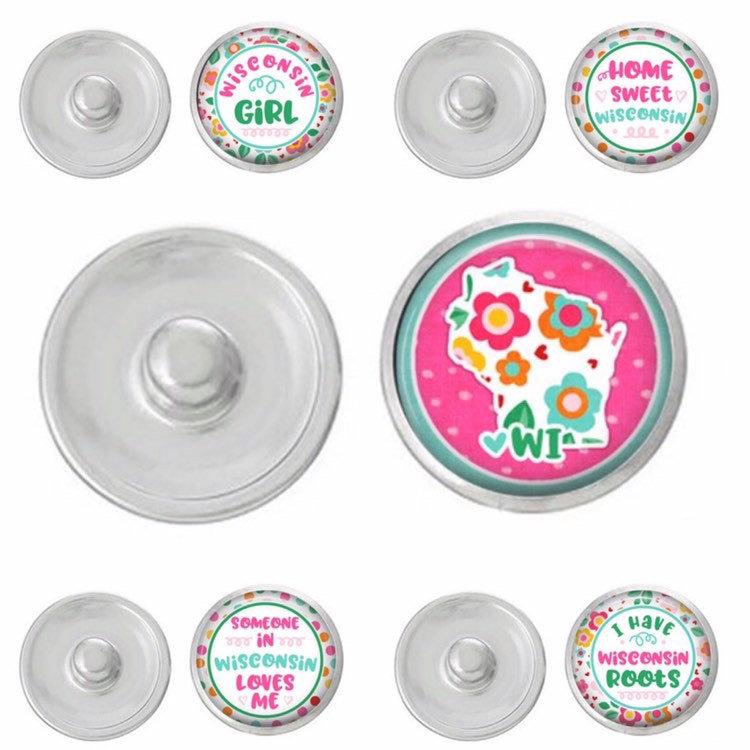 A colorful set of five hand-pressed state-themed snaps, showcasing various state designs, perfect for customizing jewelry.