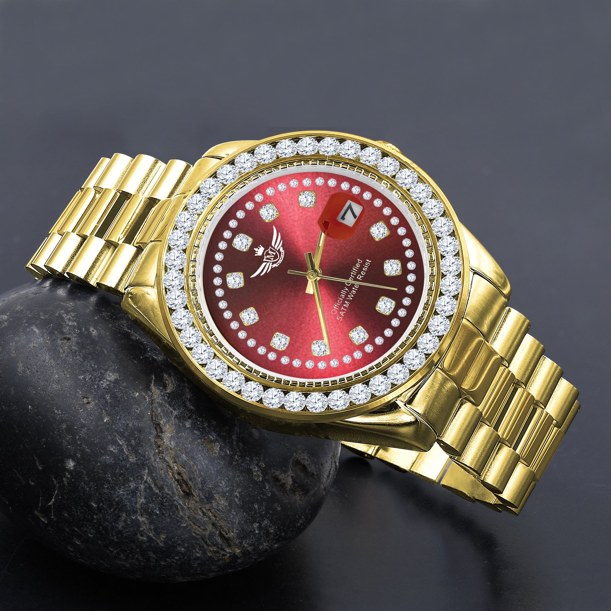 STEALTH Steel Watch featuring a gold texture and diamond-studded bezel, showcasing luxury and elegance.
