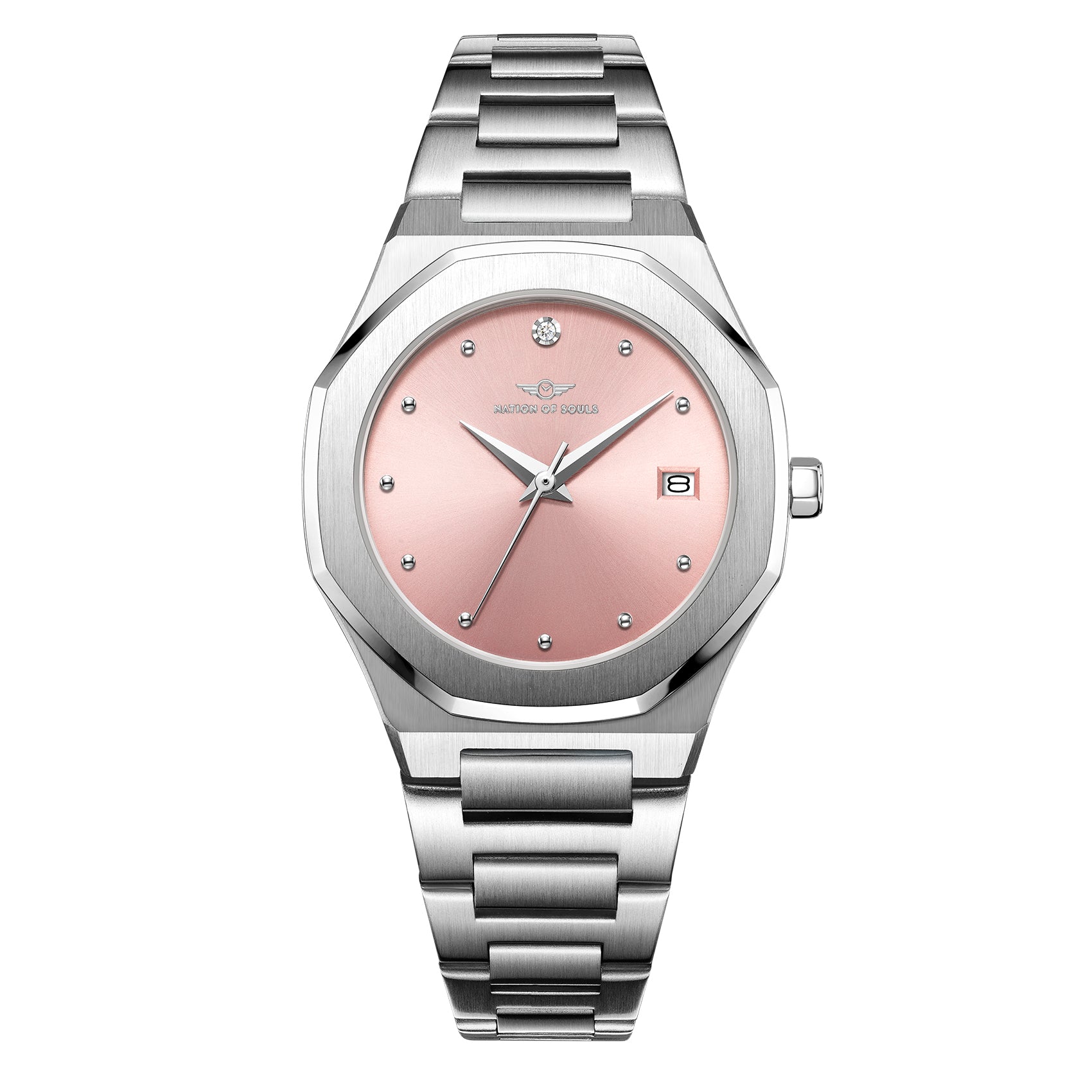 Stellar Silver - Blush watch featuring a stainless steel case, Sunray dial, and stud hour markers, perfect for elegant occasions.