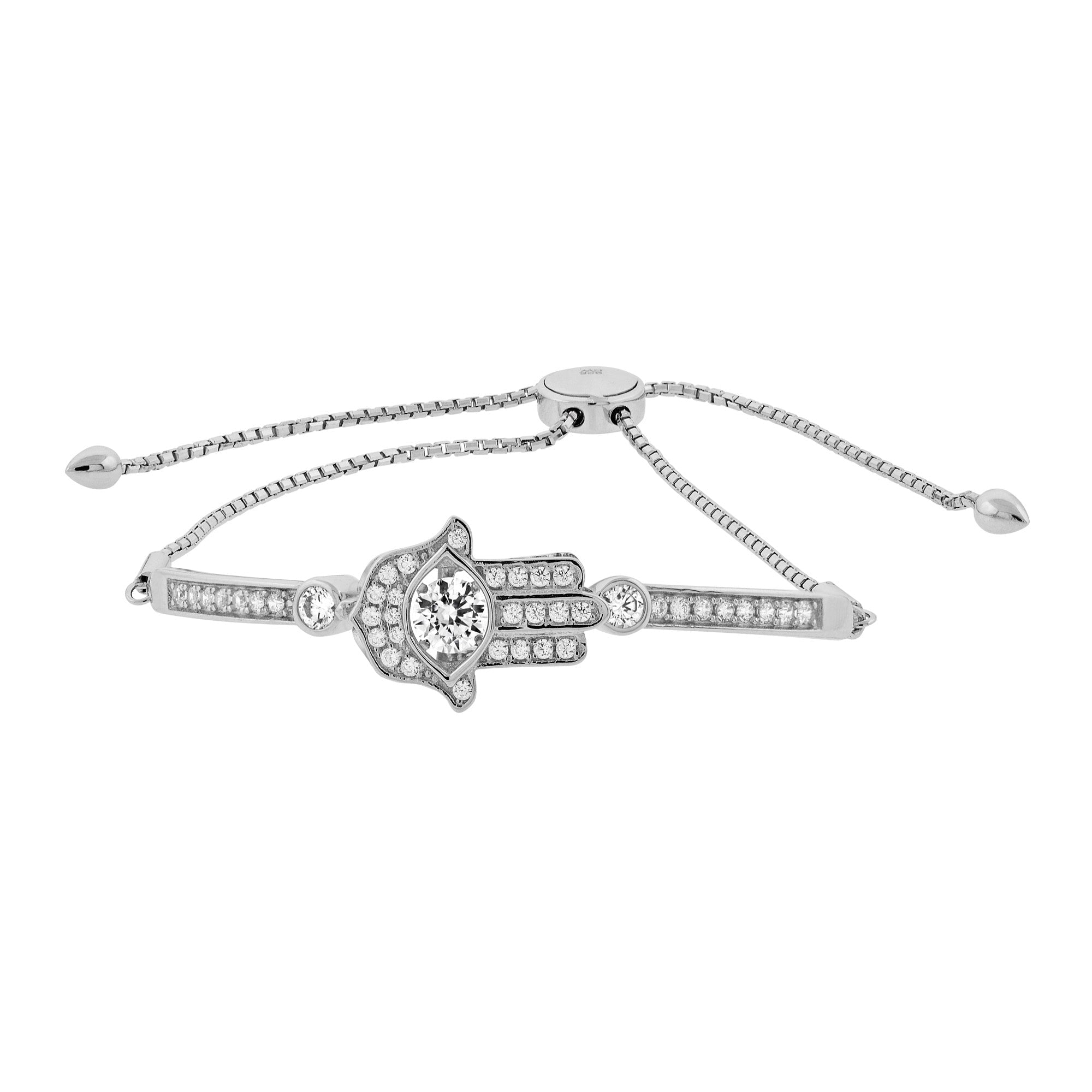 Sterling Silver adjustable dancing stone chain featuring a hamsa hand pendant, symbolizing protection and blessings.