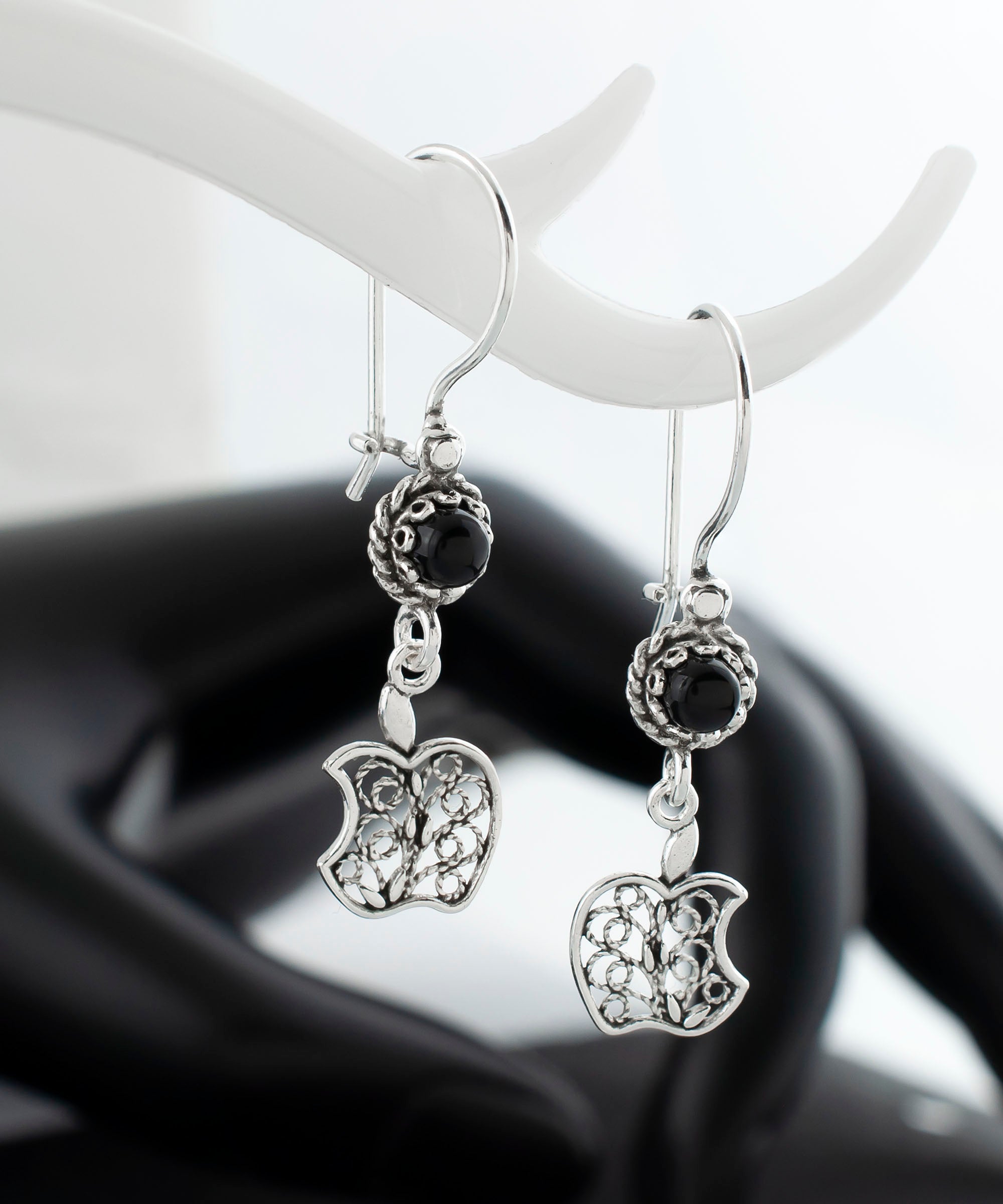 Sterling Silver Filigree Apple Shaped Dangle Earrings featuring colorful cabochon gemstones, elegantly designed for women.