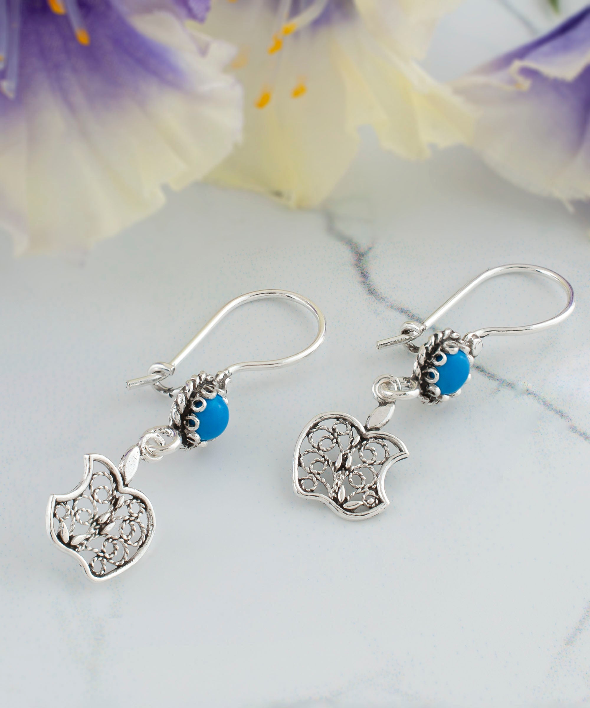 Sterling Silver Filigree Apple Shaped Dangle Earrings featuring colorful cabochon gemstones, elegantly designed for women.