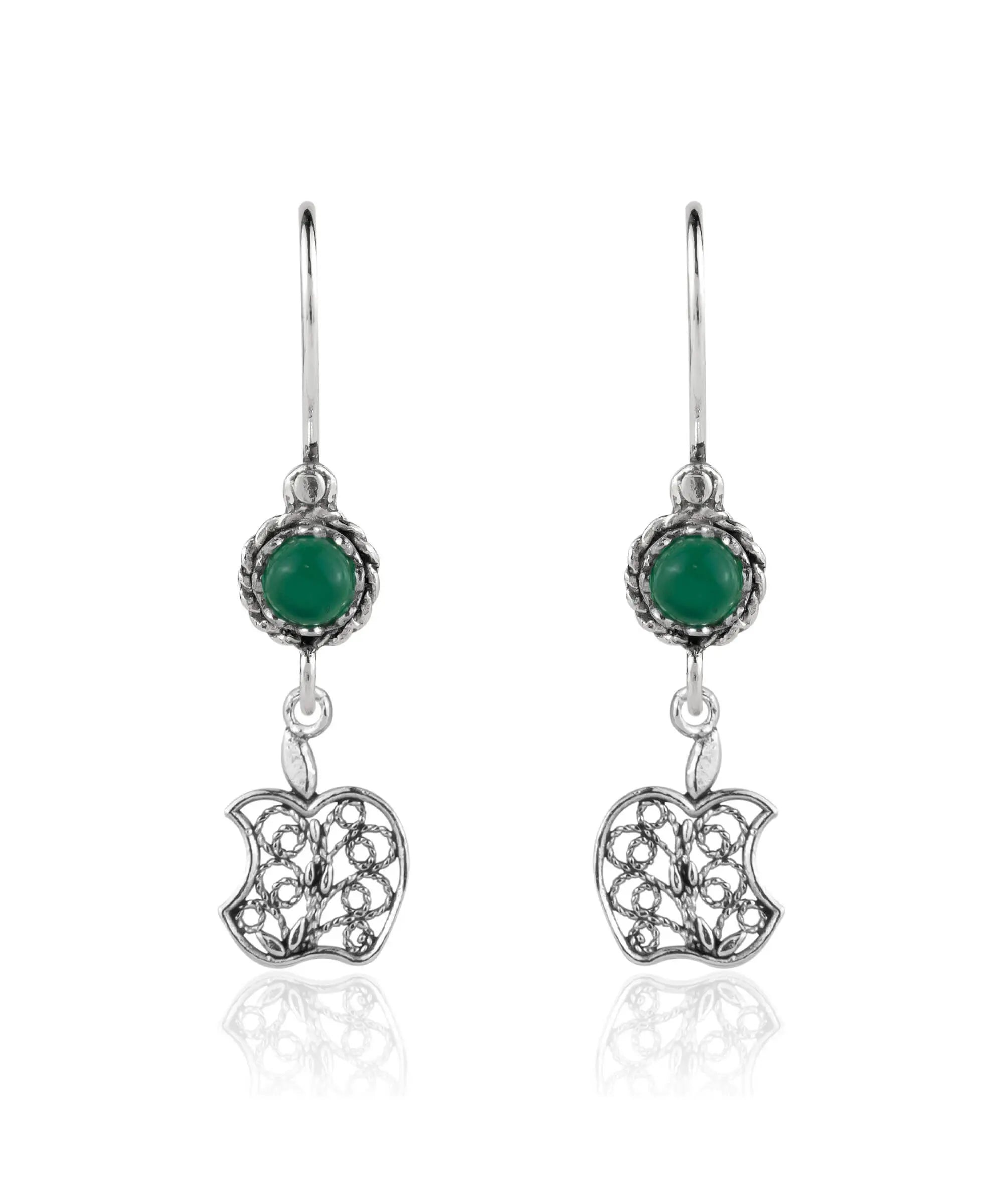 Sterling Silver Filigree Apple Shaped Dangle Earrings featuring colorful cabochon gemstones, elegantly designed for women.