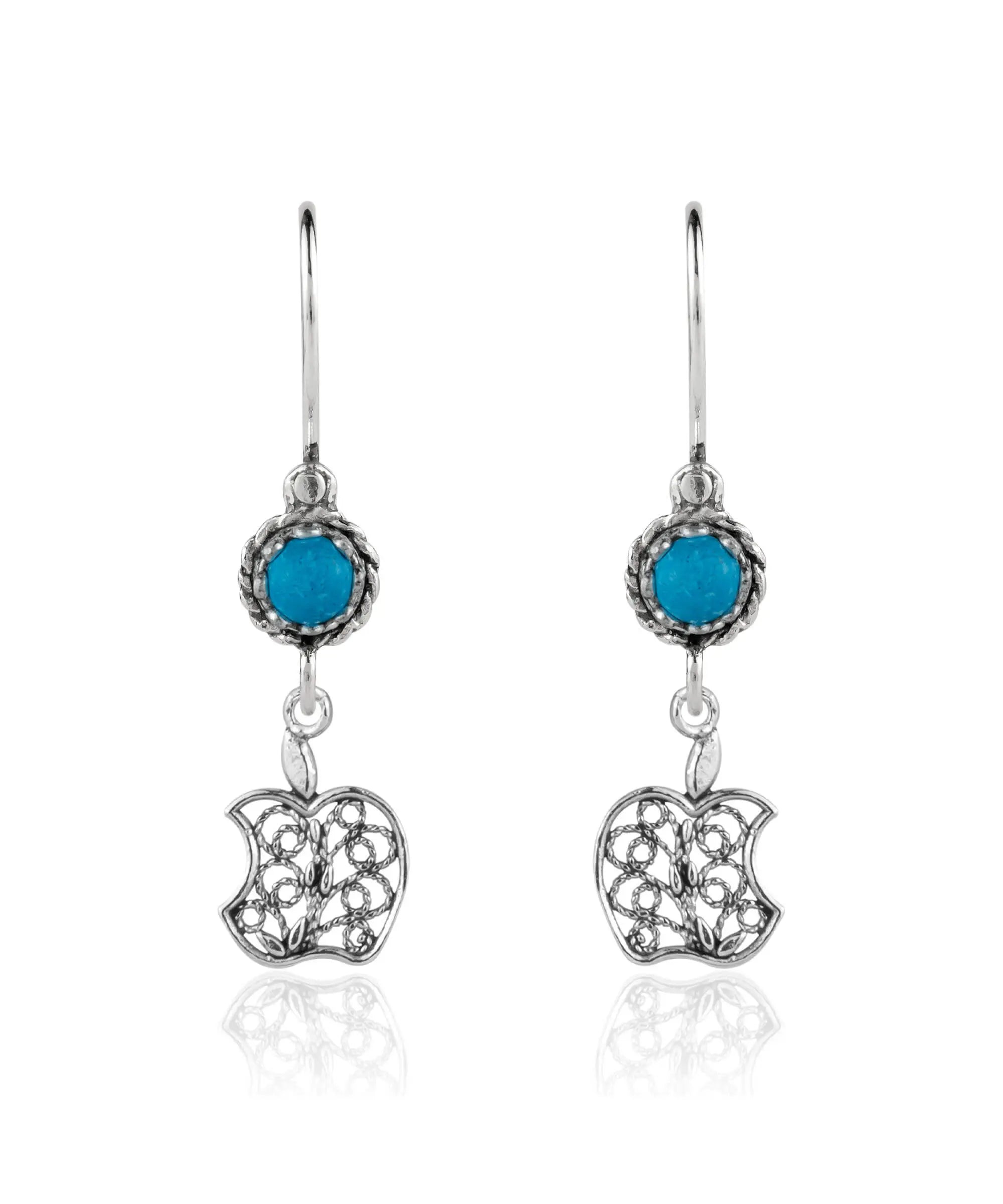 Sterling Silver Filigree Apple Shaped Dangle Earrings featuring colorful cabochon gemstones, elegantly designed for women.