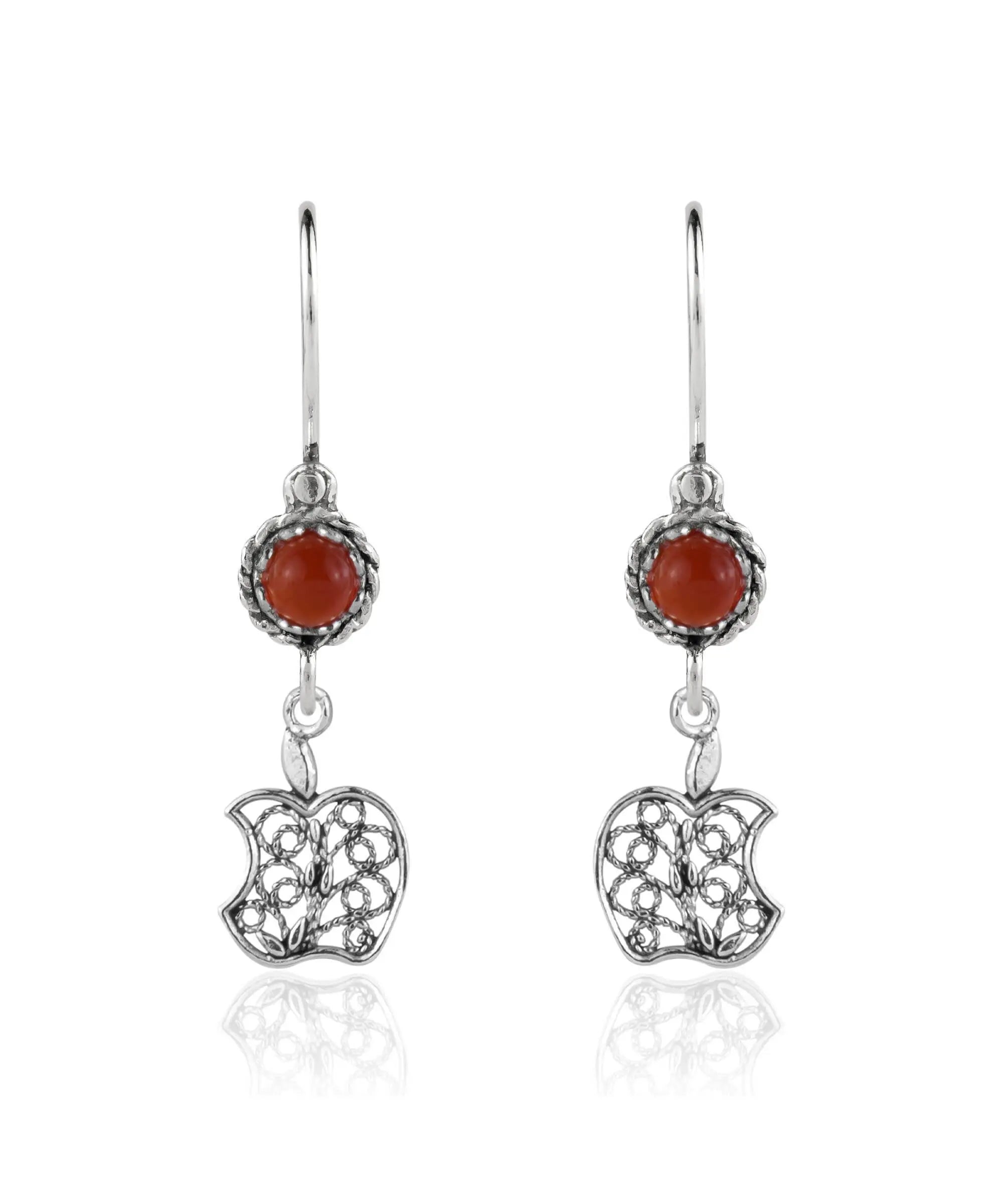 Sterling Silver Filigree Apple Shaped Dangle Earrings featuring colorful cabochon gemstones, elegantly designed for women.