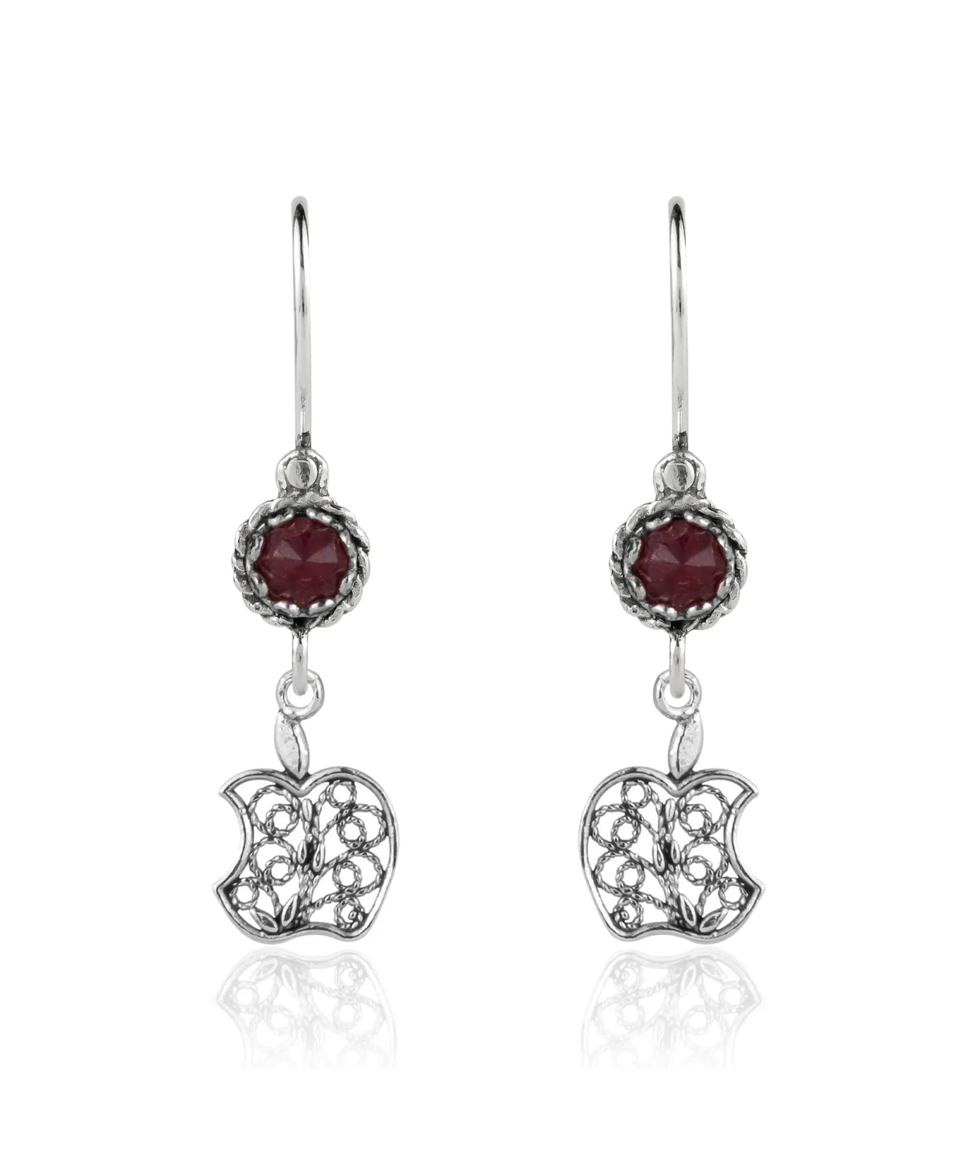 Sterling Silver Filigree Apple Shaped Dangle Earrings featuring colorful cabochon gemstones, elegantly designed for women.
