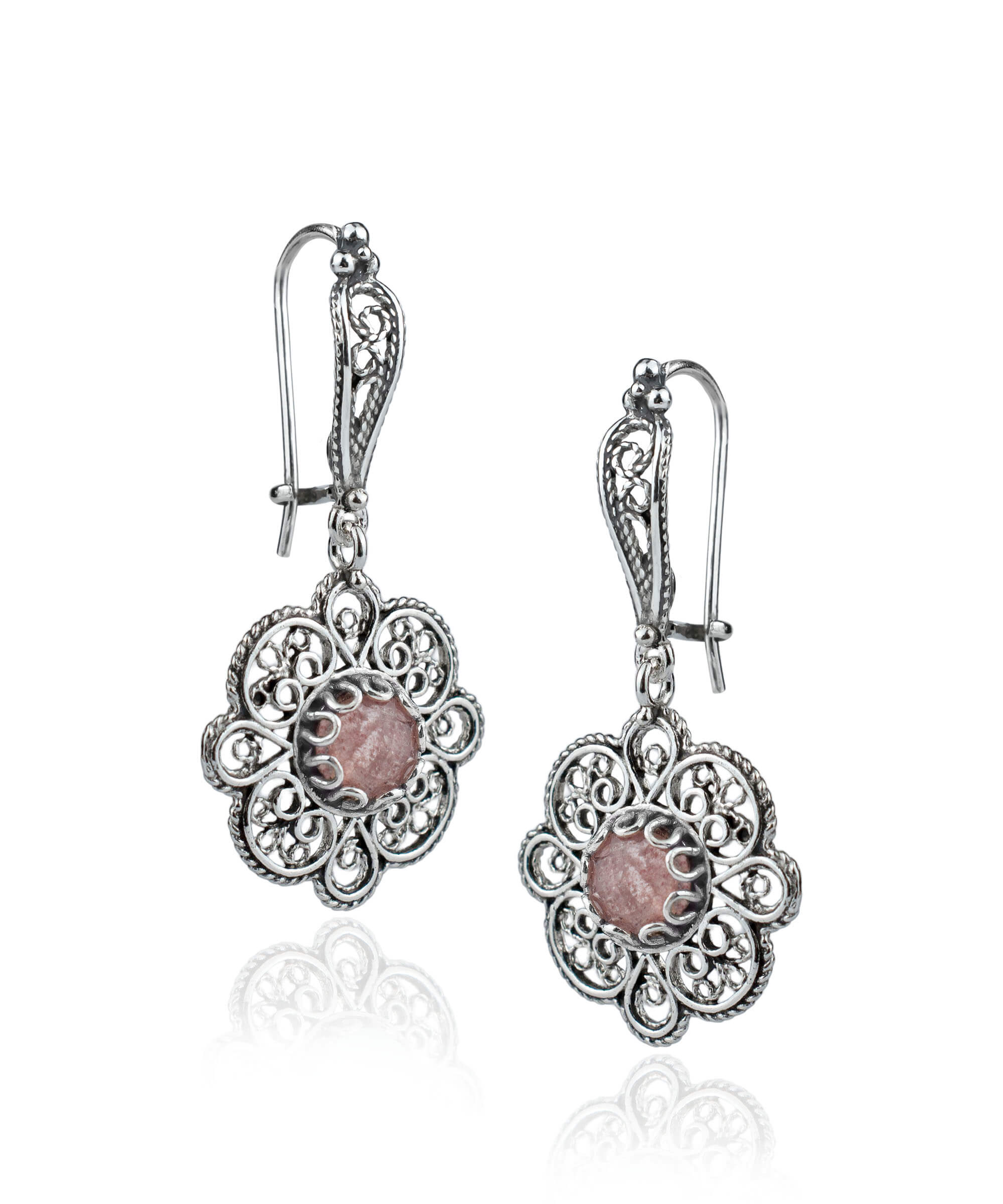 Handmade 925 sterling silver dangle drop earrings featuring intricate filigree art and a vibrant Cherry Quartz gemstone.