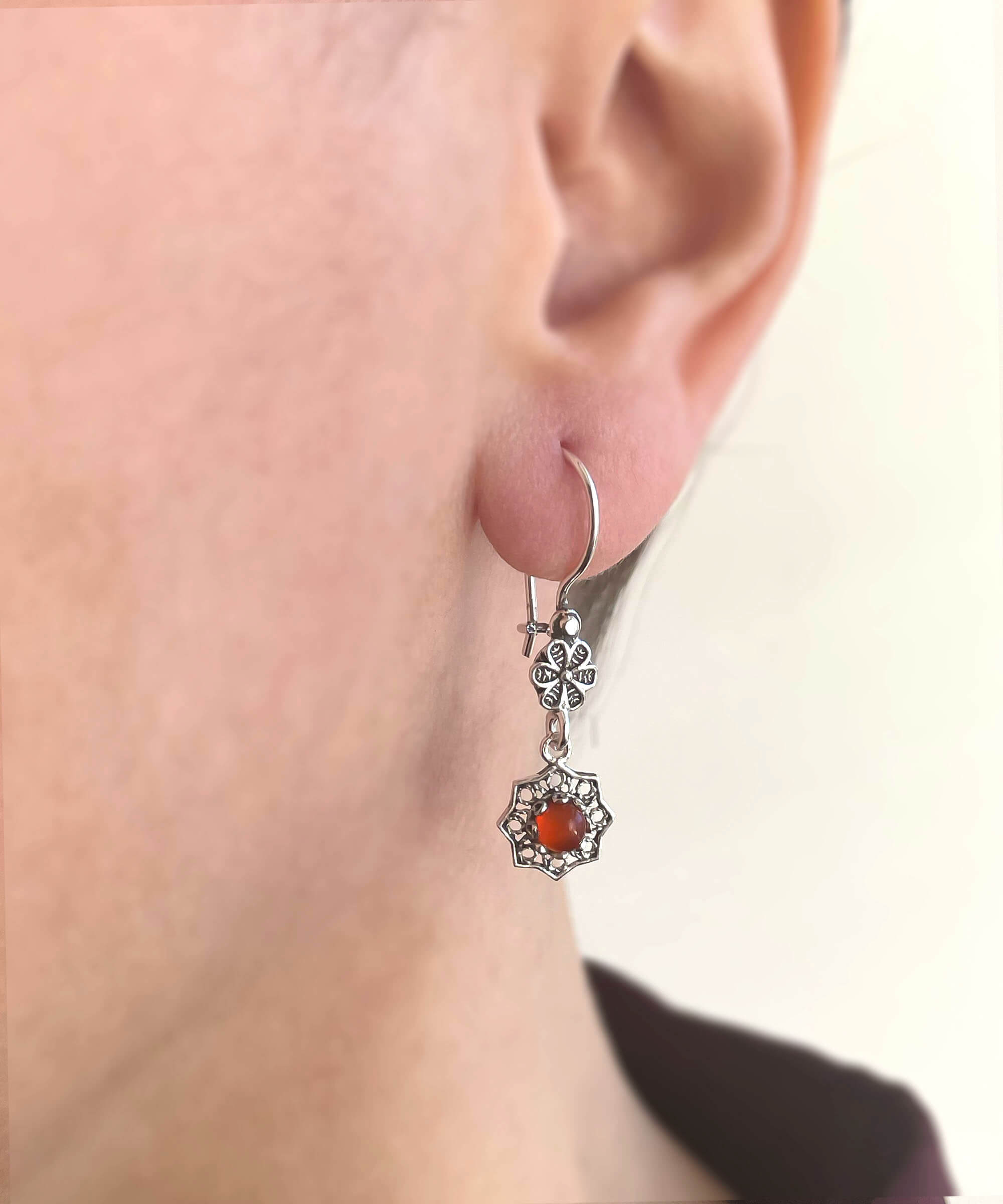 Sterling Silver Filigree Daisy Dangle Earrings with colorful cabochon gemstones, elegantly designed for women.