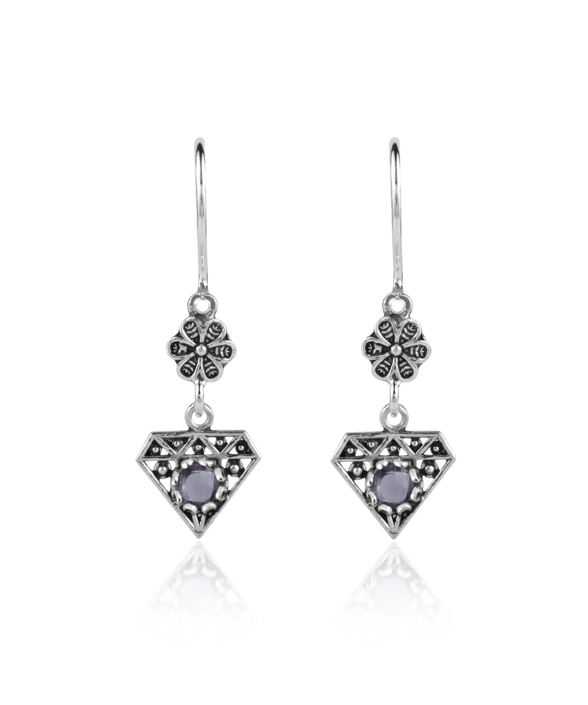Elegant sterling silver dangle earrings featuring filigree design and colorful faceted gemstones including Amethyst, Blue Topaz, Blue Quartz, and Citrine.