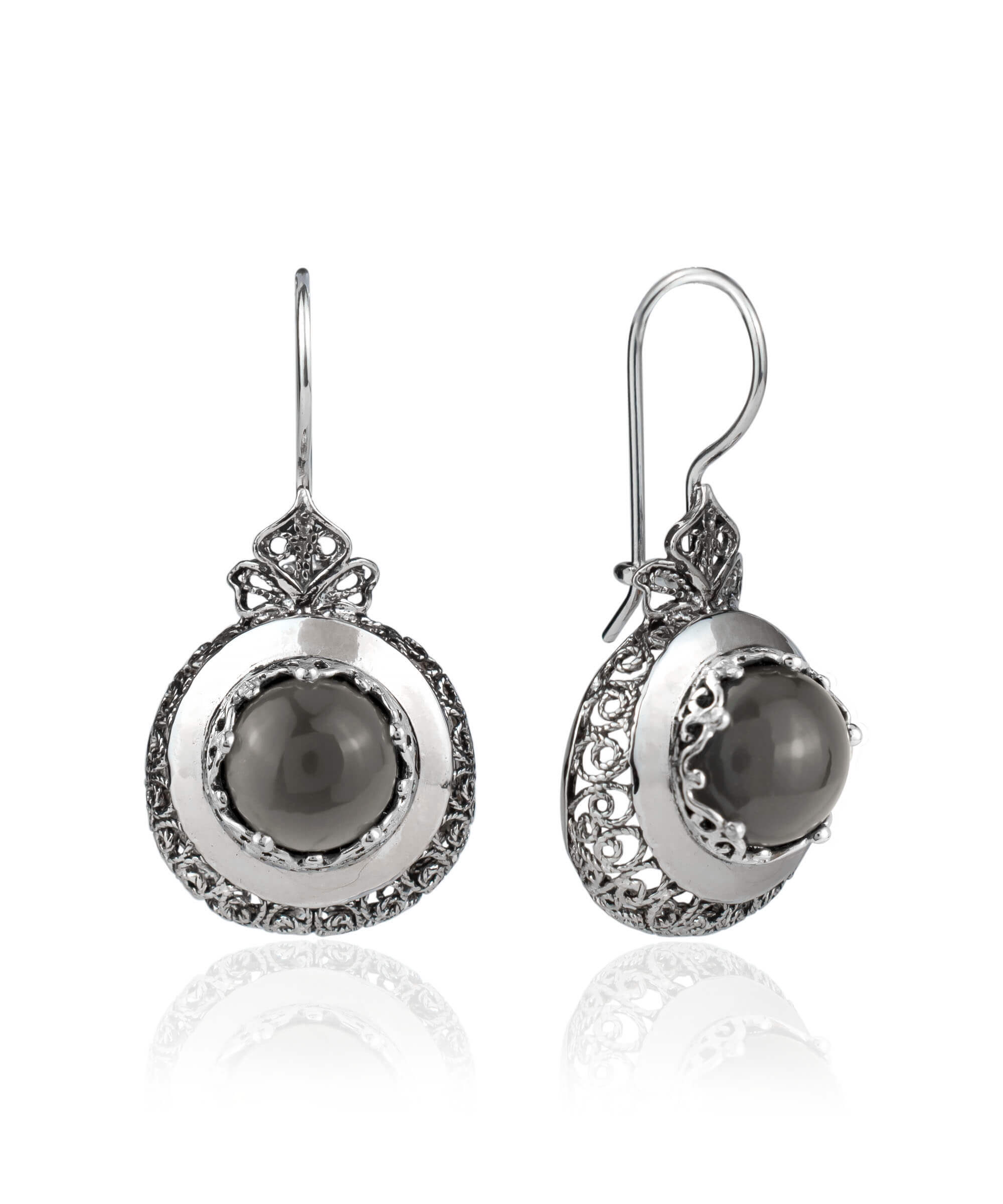 Sterling Silver Filigree Art Drop Earrings featuring a gray moonstone gemstone, showcasing intricate craftsmanship and elegant design.
