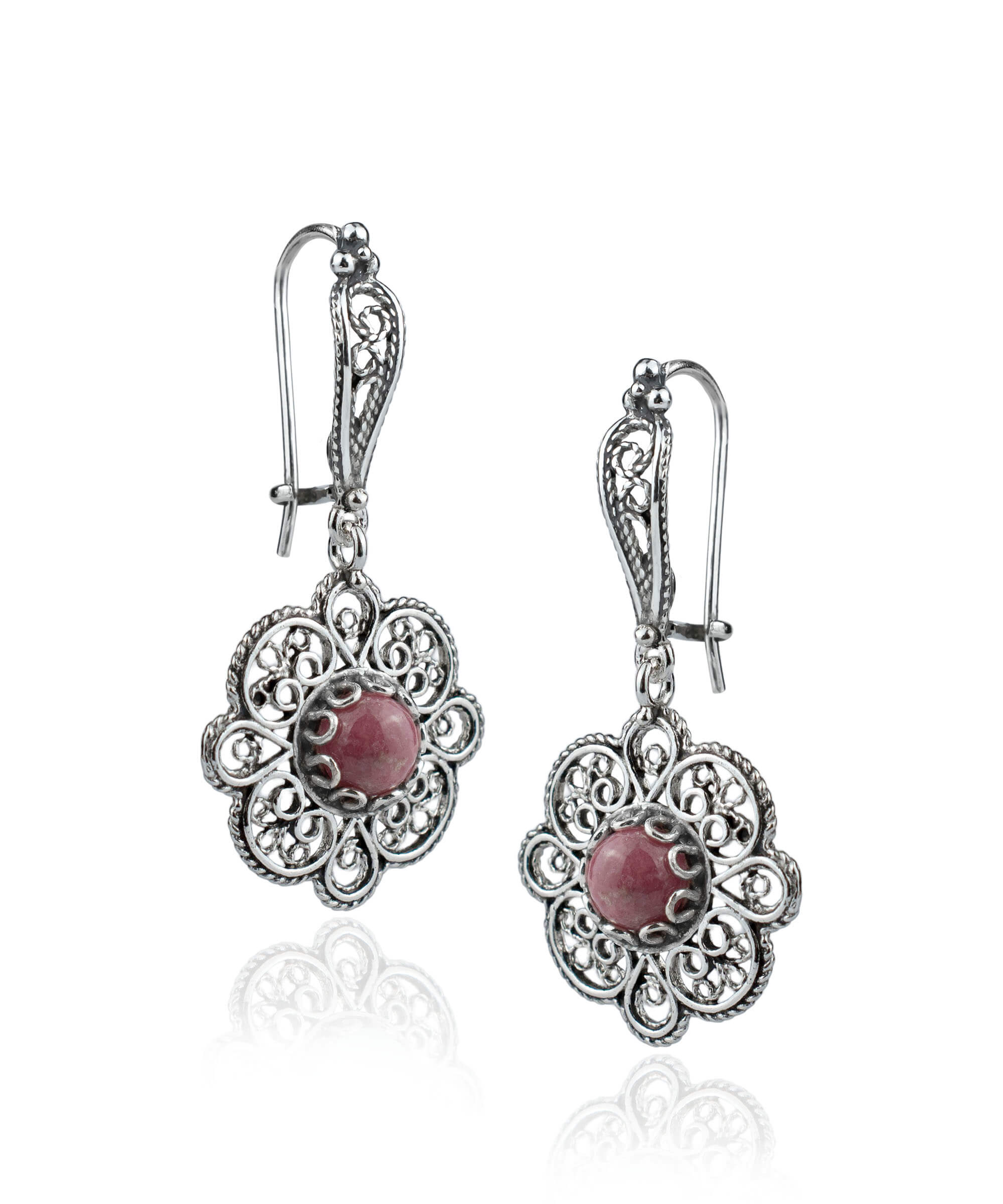 Handmade 925 sterling silver dangle drop earrings featuring intricate filigree art and a stunning Rhodonite gemstone.