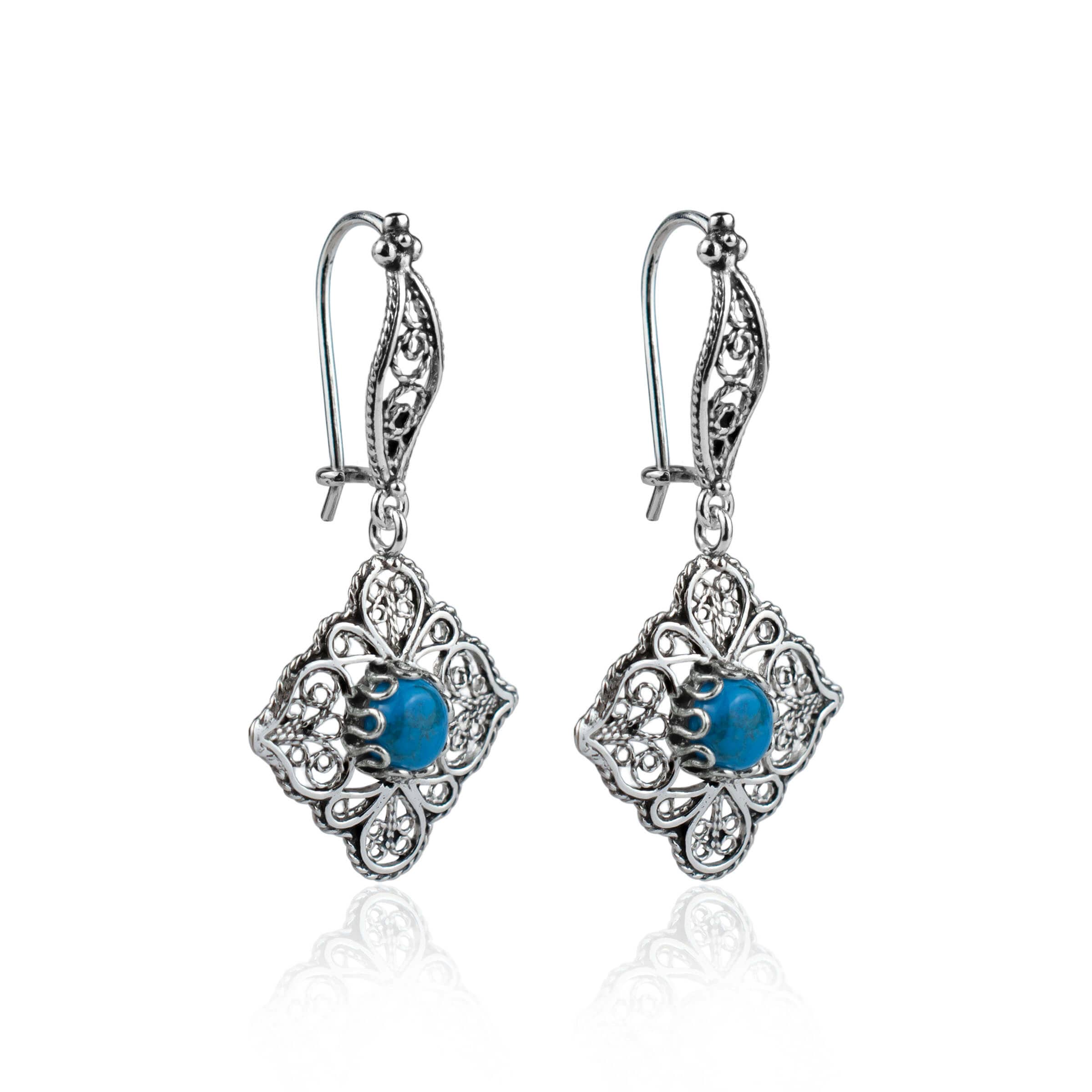 Sterling Silver Filigree Art Turquoise Gemstone Dangle Drop Earrings showcasing intricate design and vibrant turquoise stone.