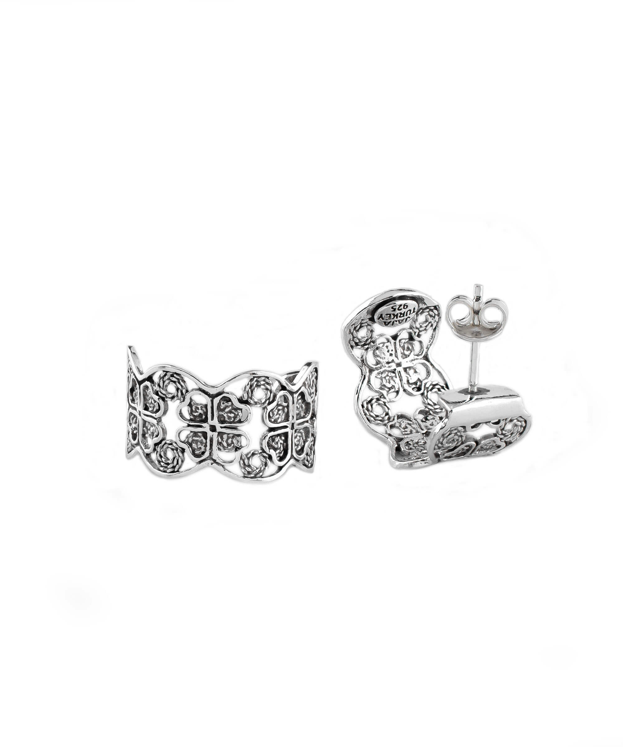 Sterling Silver Filigree Clover Design C-Hoop Stud Earrings showcasing intricate detailing and elegant design.
