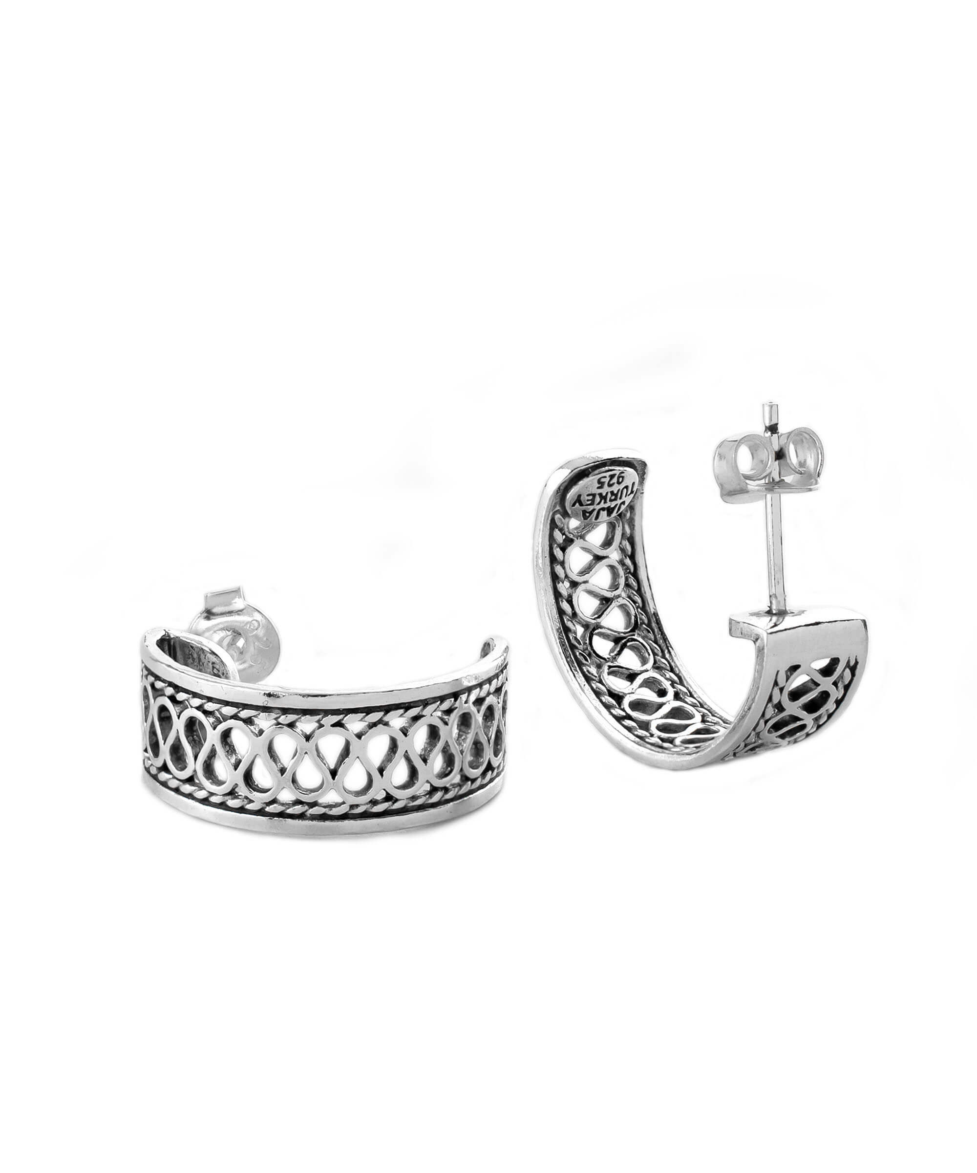 Sterling Silver Filigree C-Hoop Stud Earrings showcasing intricate design and polished finish, perfect for women.