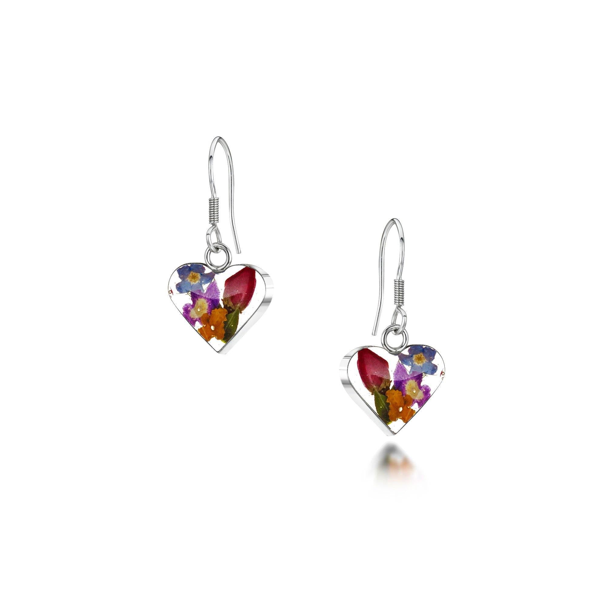 Sterling Silver Heart Shaped Earrings adorned with real miniature flowers including roses, forget-me-nots, and purple verbena.