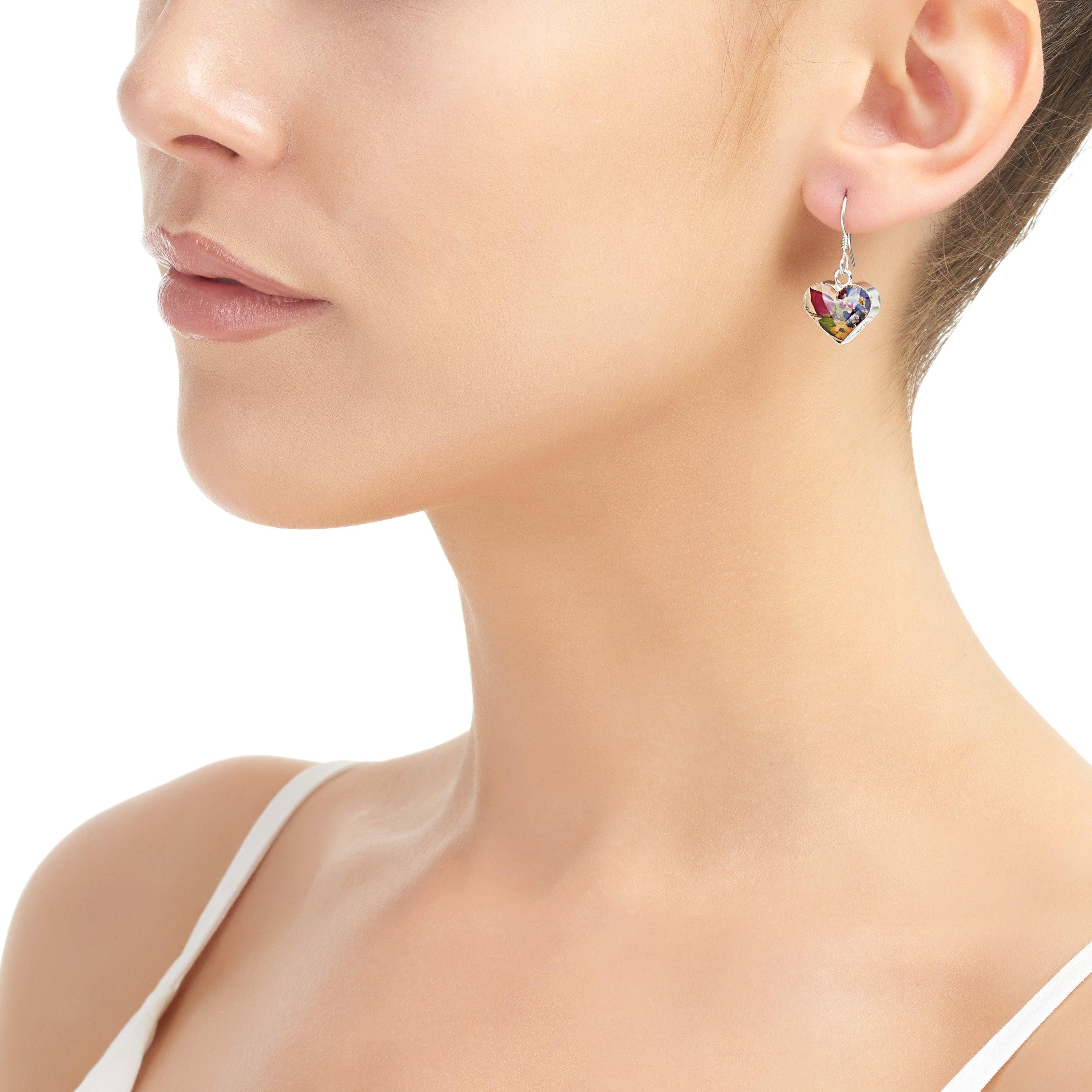 Sterling Silver Heart Shaped Earrings adorned with real miniature flowers including roses, forget-me-nots, and purple verbena.