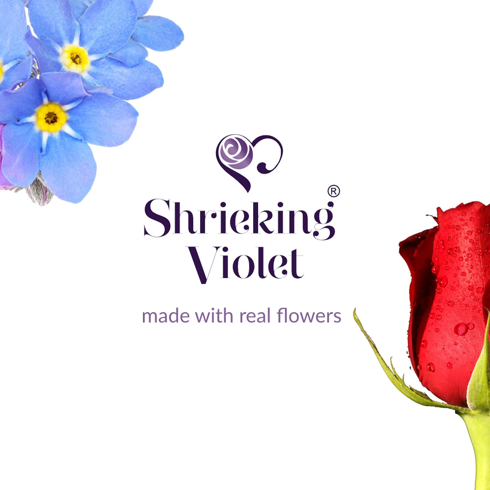 Sterling Silver Heart Shaped Earrings adorned with real miniature flowers including roses, forget-me-nots, and purple verbena.