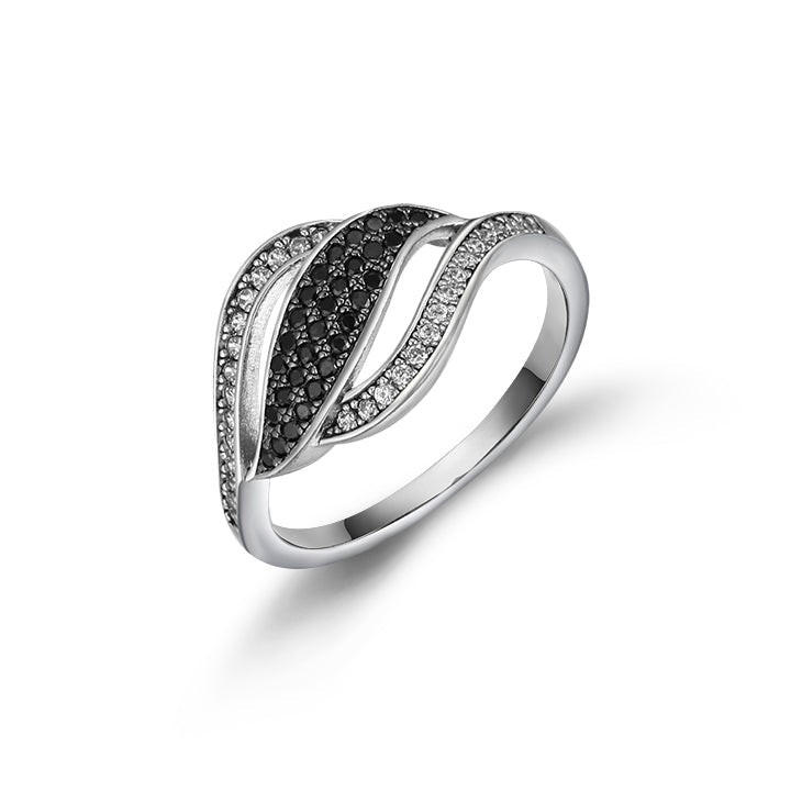 A beautifully crafted sterling silver infinity ring featuring white sapphire and black spinel accents, showcasing a luxurious design.