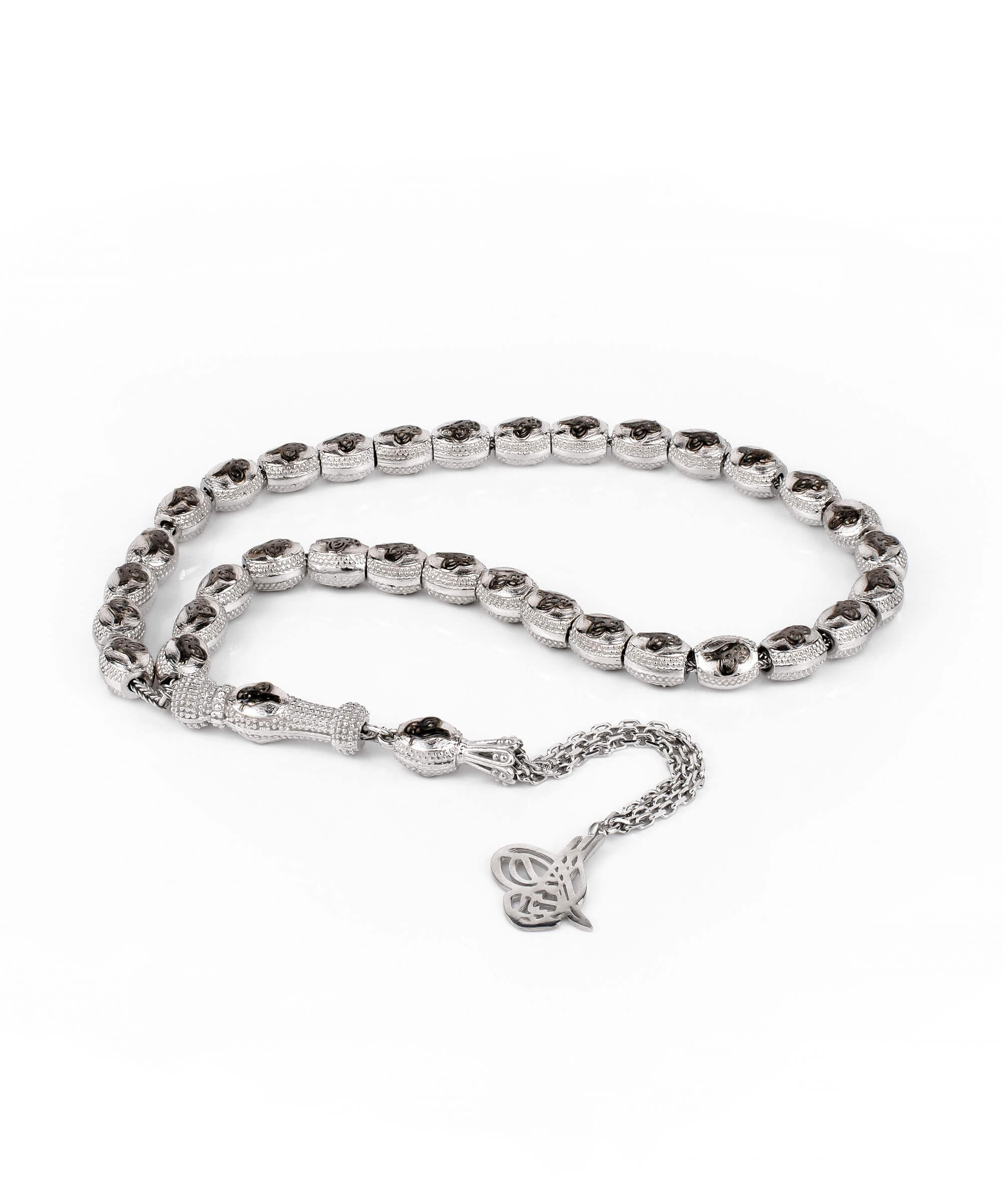 Sterling Silver Ottoman Sign Tasbih Prayer Beads with 33 oval beads, elegantly designed for prayer and meditation.