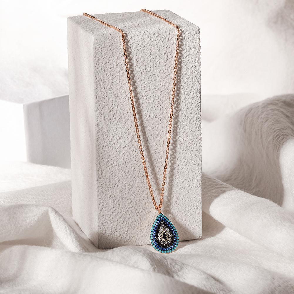 Sterling silver oval evil eye necklace featuring Nano Turquoise and zircon stones, elegantly designed for spiritual protection.