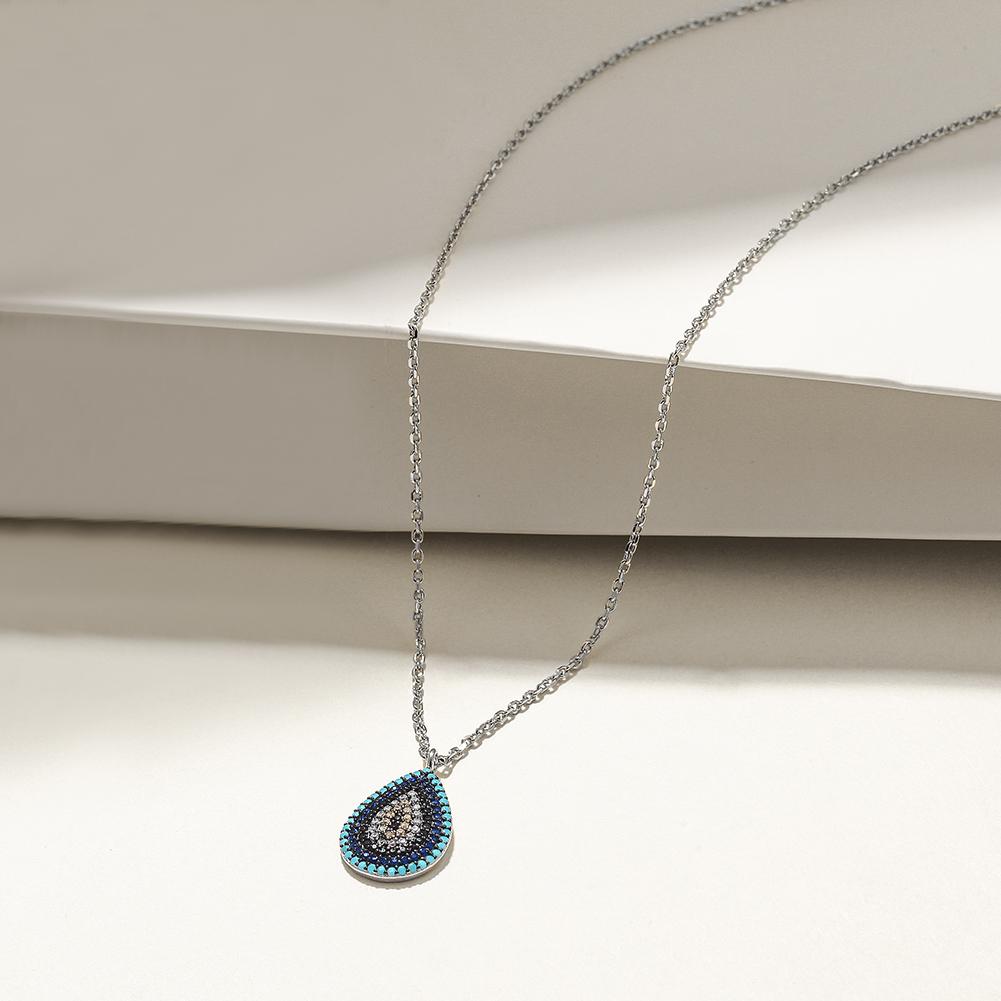 Sterling silver oval evil eye necklace featuring Nano Turquoise and zircon stones, elegantly designed for spiritual protection.