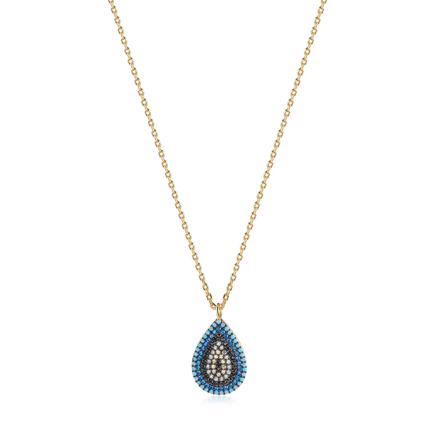 Sterling silver oval evil eye necklace featuring Nano Turquoise and zircon stones, elegantly designed for spiritual protection.